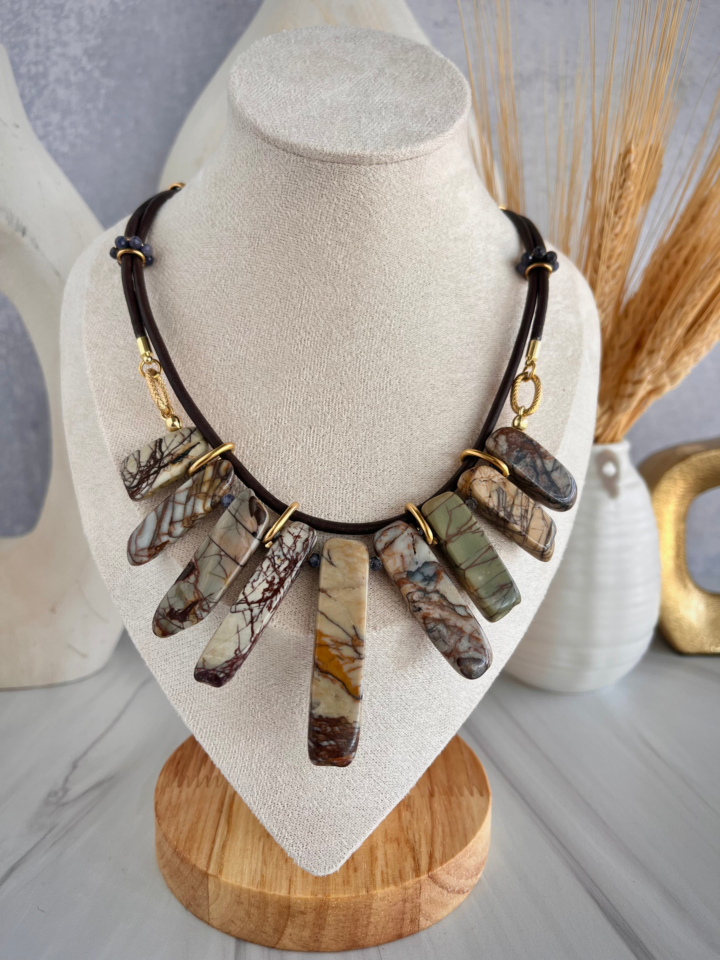 'Séverine' | Picasso Jasper in Graduated Sticks with Sapphire in Leather Lace Necklace