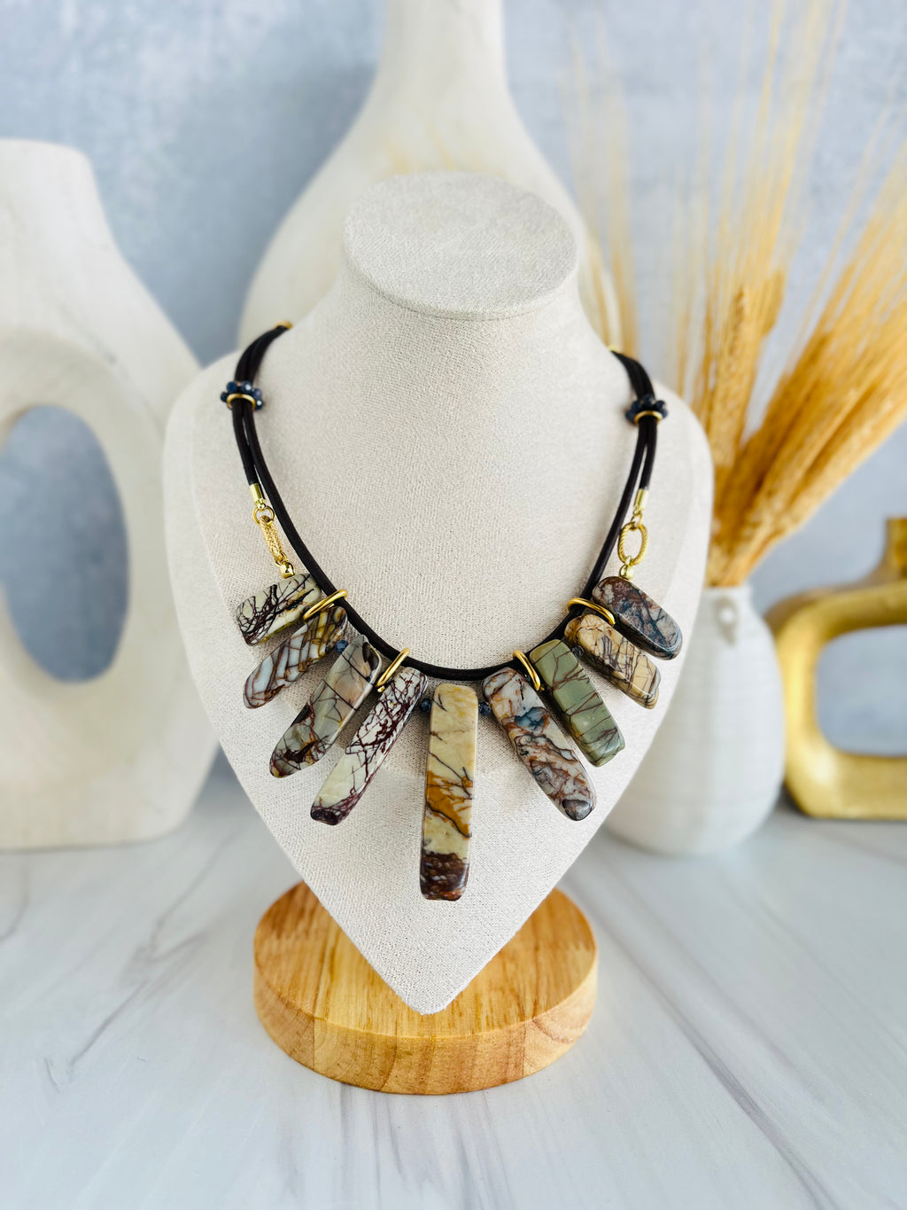 'Séverine' | Picasso Jasper in Graduated Sticks with Sapphire in Leather Lace Necklace