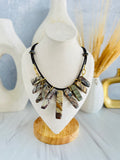 'Séverine' | Picasso Jasper in Graduated Sticks with Sapphire in Leather Lace Necklace
