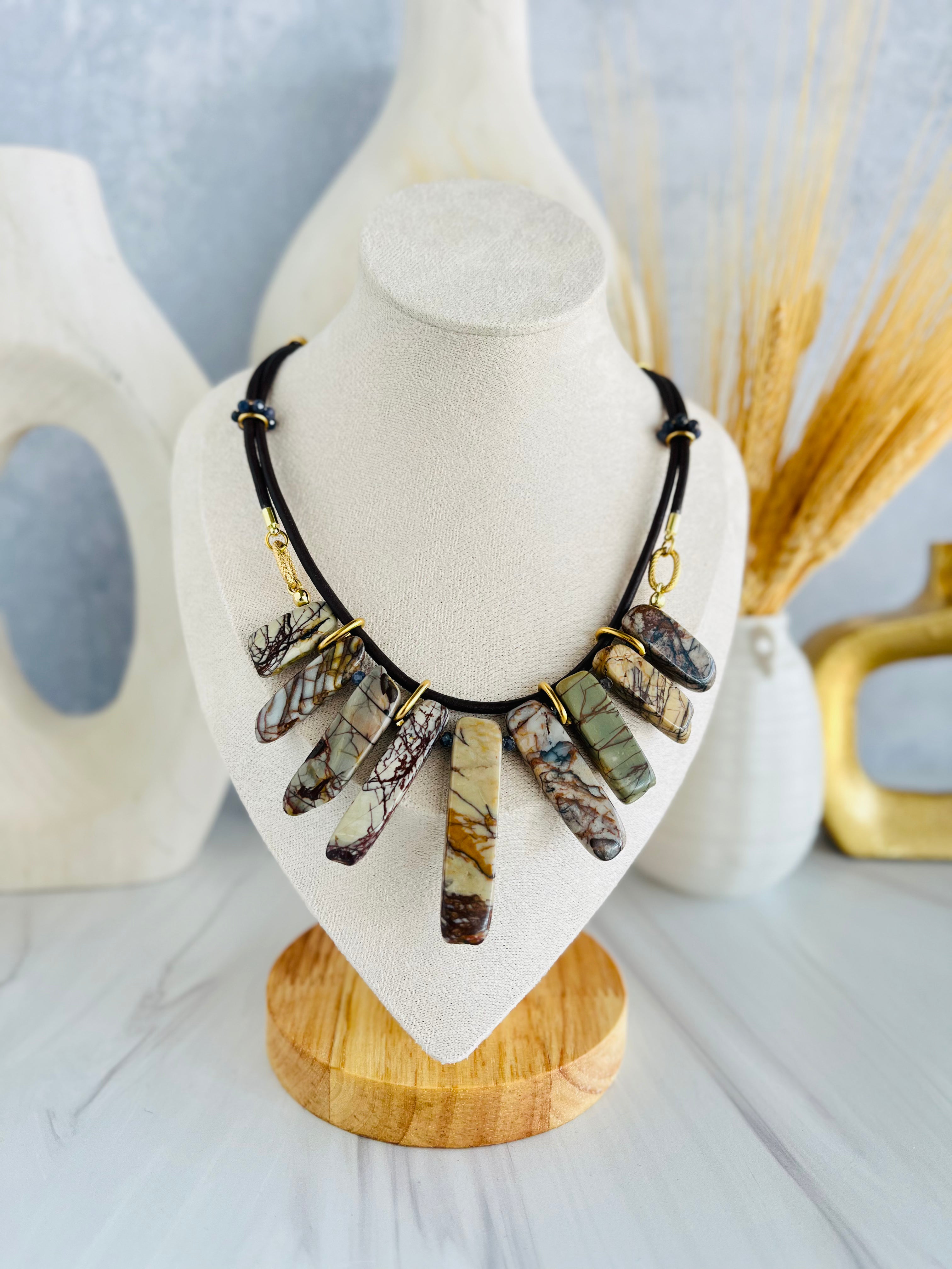 'Séverine' | Picasso Jasper in Graduated Sticks with Sapphire in Leather Lace Necklace