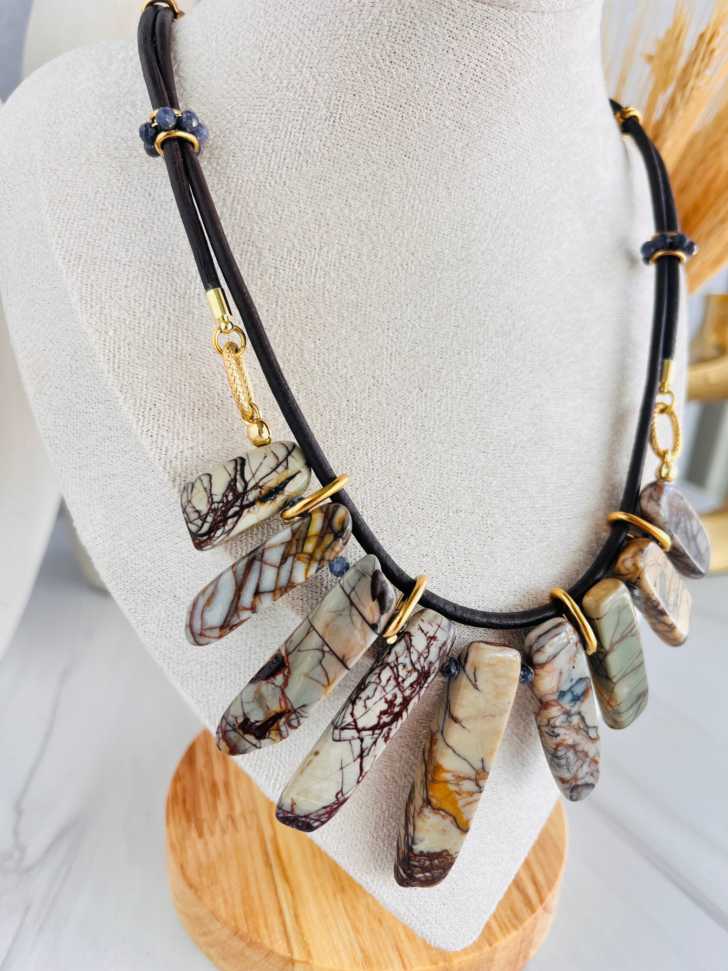 'Séverine' | Picasso Jasper in Graduated Sticks with Sapphire in Leather Lace Necklace