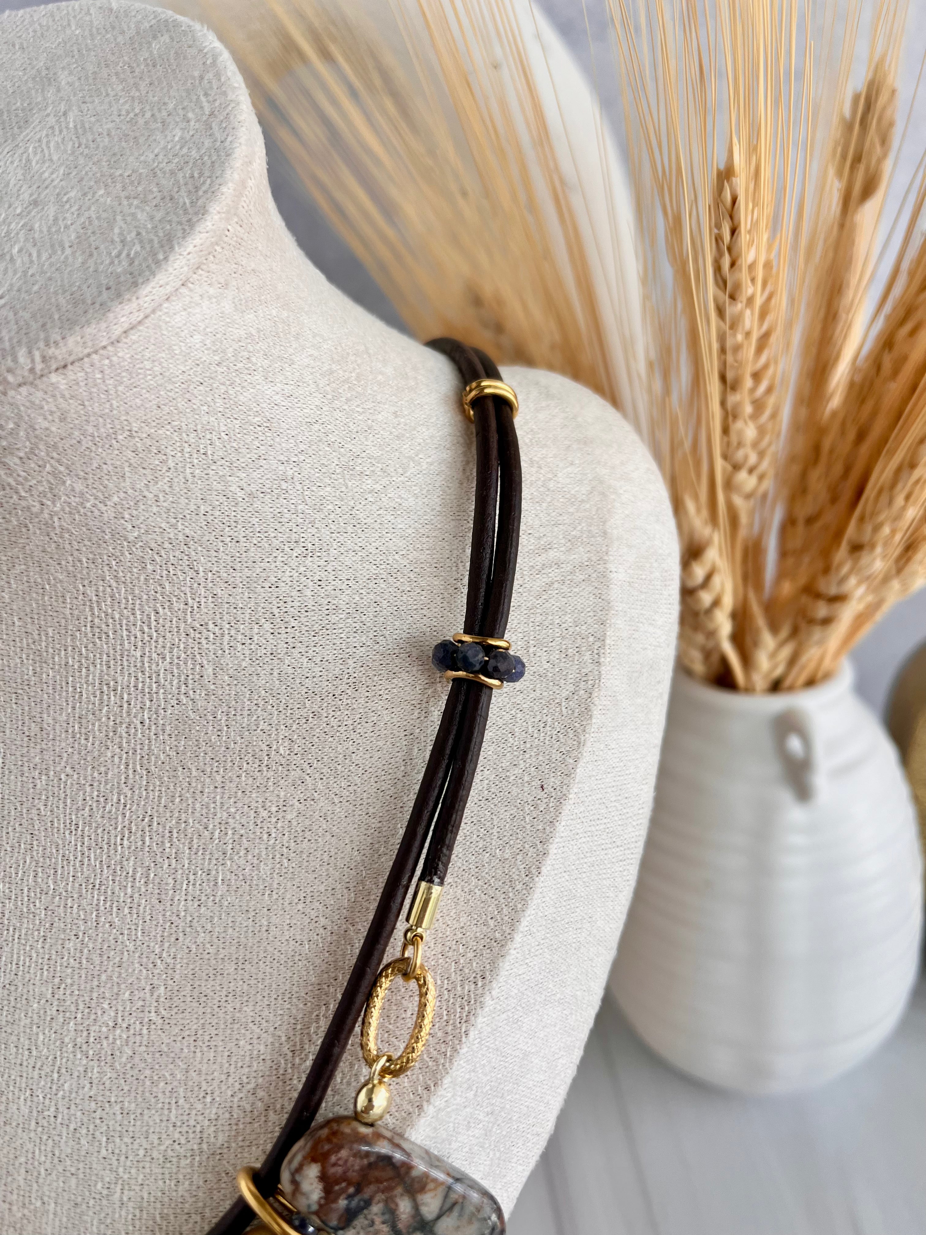 'Séverine' | Picasso Jasper in Graduated Sticks with Sapphire in Leather Lace Necklace