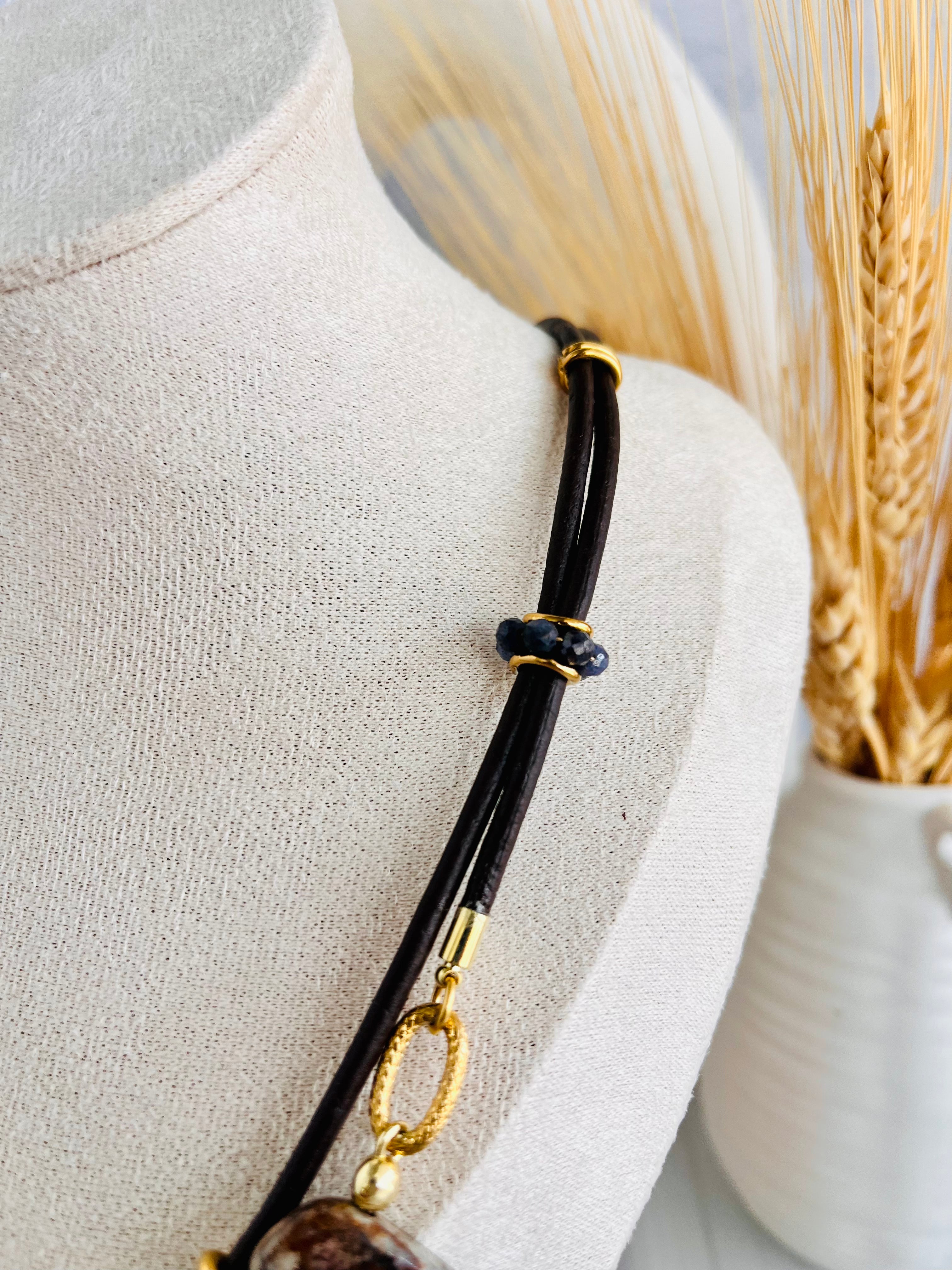 'Séverine' | Picasso Jasper in Graduated Sticks with Sapphire in Leather Lace Necklace