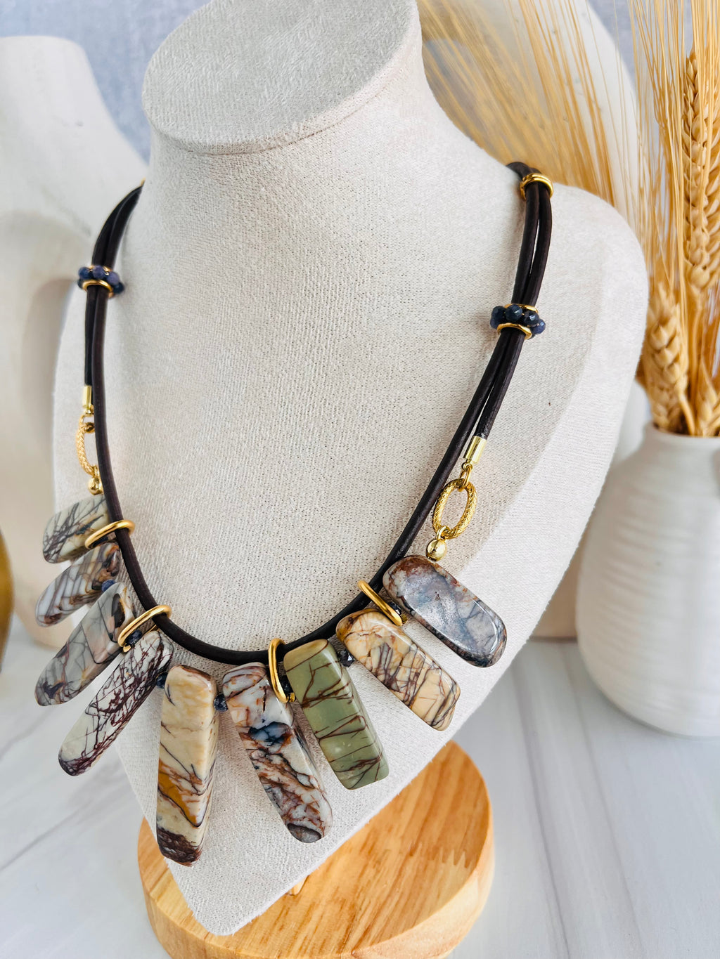'Séverine' | Picasso Jasper in Graduated Sticks with Sapphire in Leather Lace Necklace