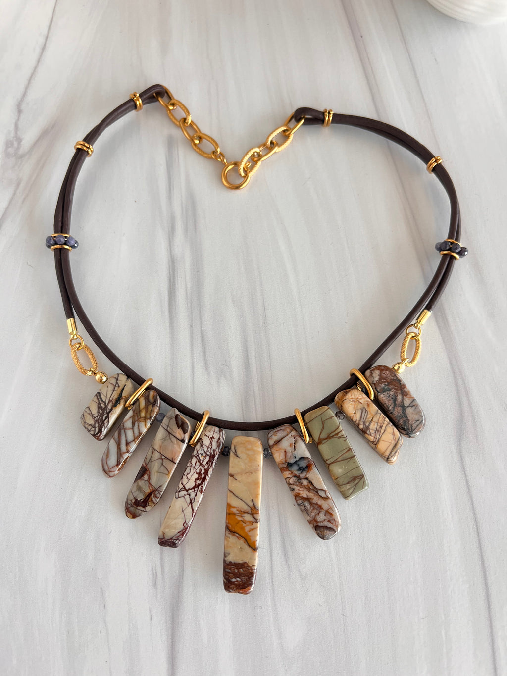 'Séverine' | Picasso Jasper in Graduated Sticks with Sapphire in Leather Lace Necklace