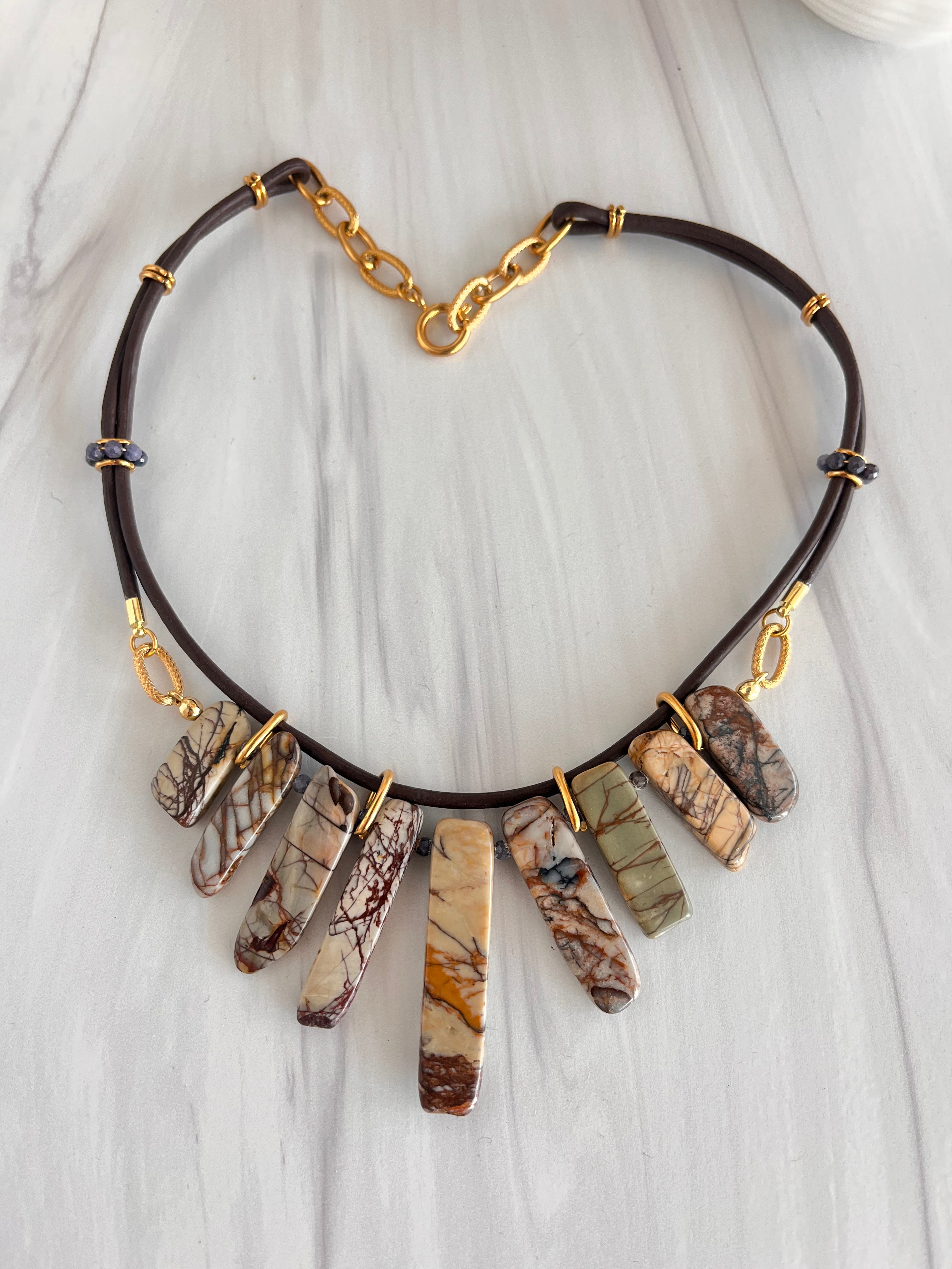 'Séverine' | Picasso Jasper in Graduated Sticks with Sapphire in Leather Lace Necklace