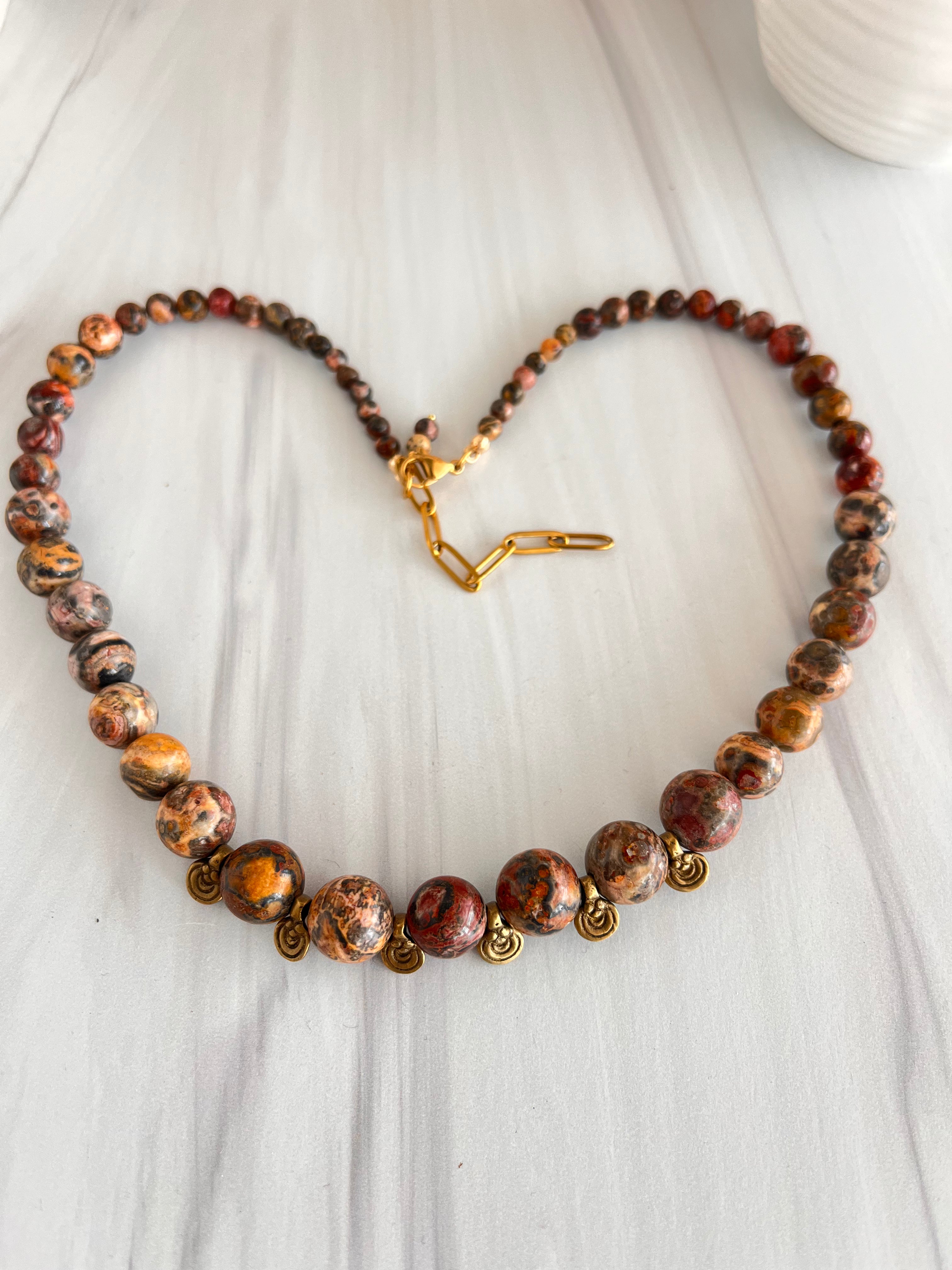 'Élise' | Leopard Skin Jasper with Tibetan Brass Necklace