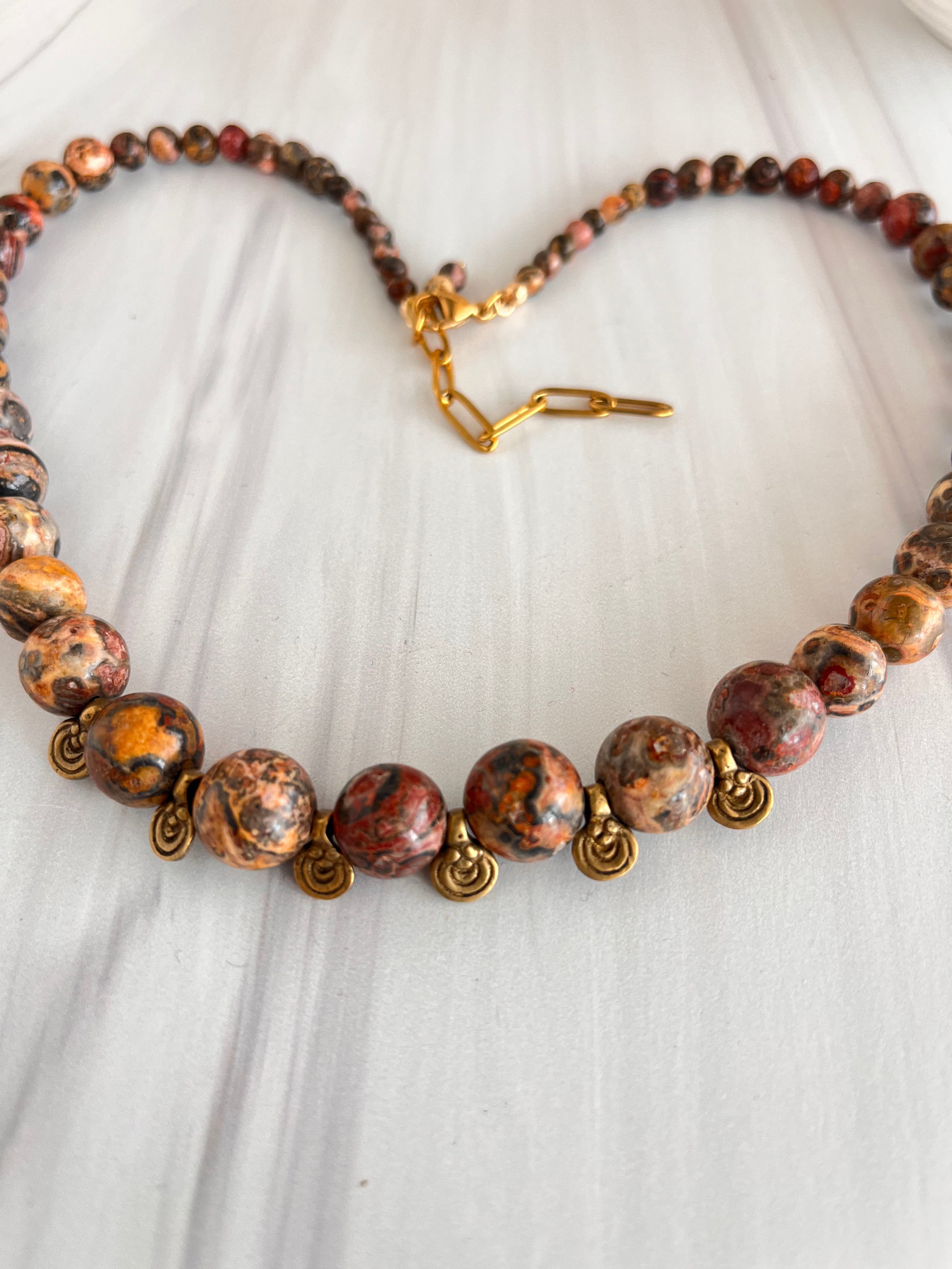 'Élise' | Leopard Skin Jasper with Tibetan Brass Necklace
