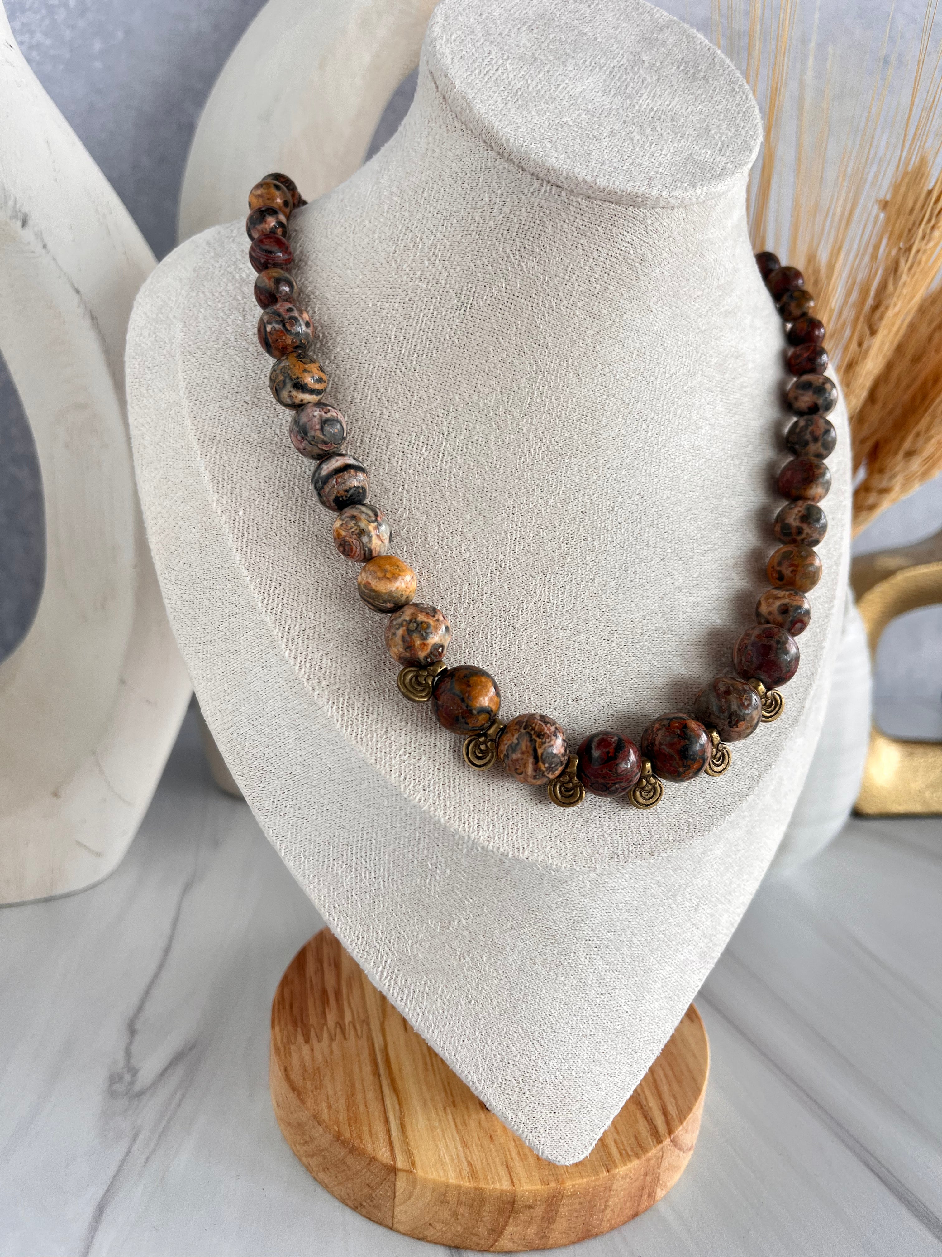 'Élise' | Leopard Skin Jasper with Tibetan Brass Necklace