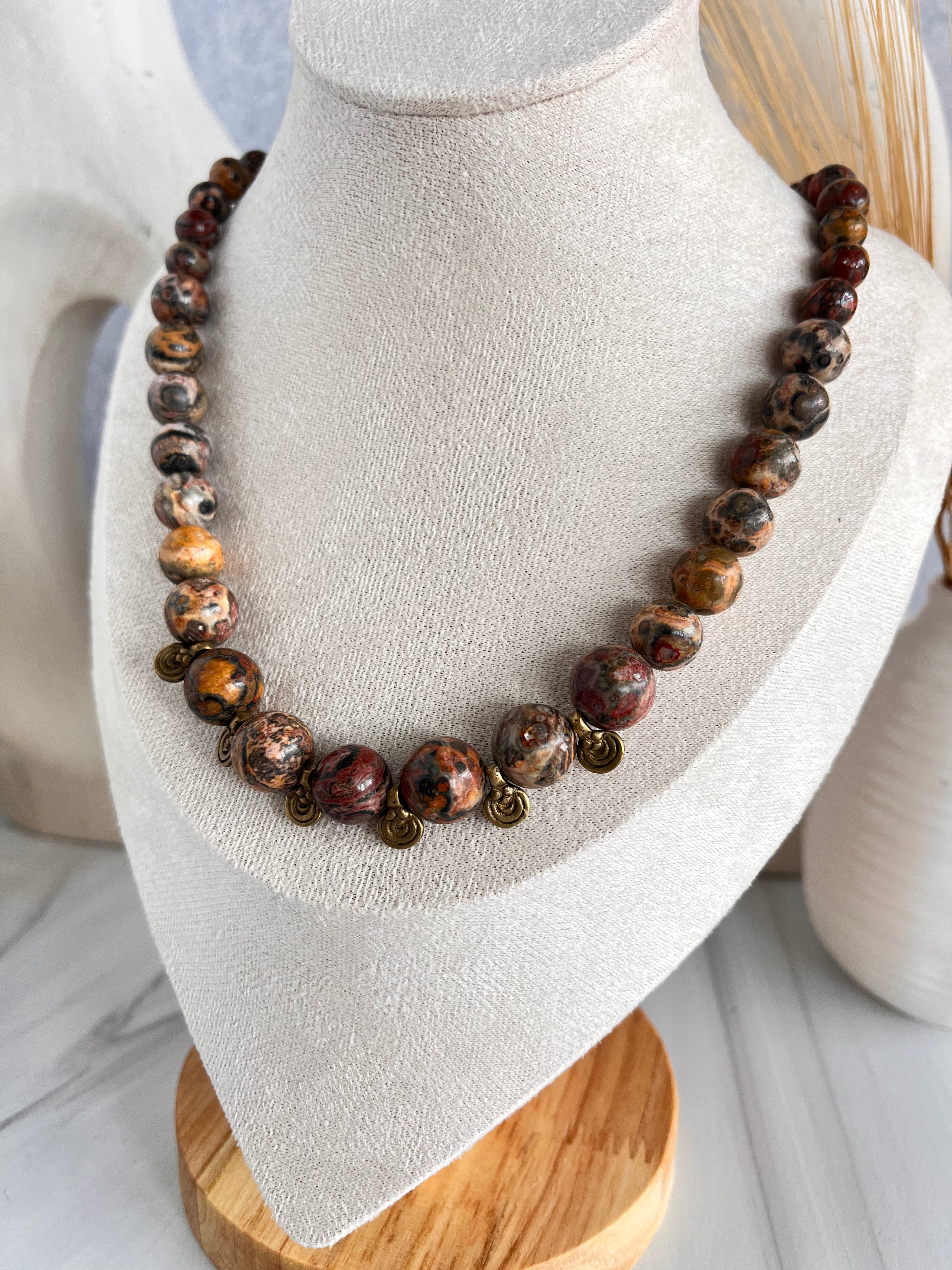 'Élise' | Leopard Skin Jasper with Tibetan Brass Necklace