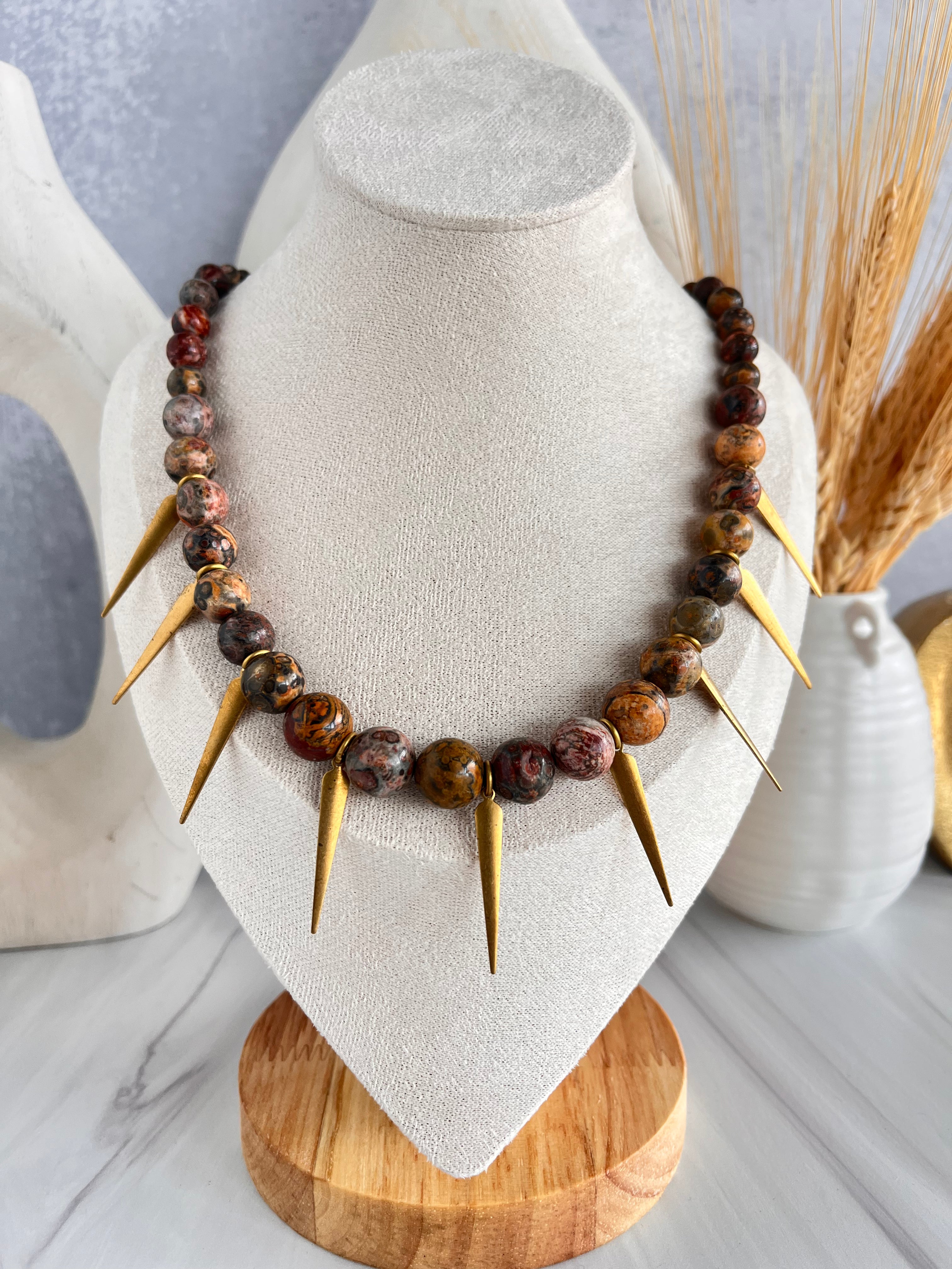 'Wila' | Graduated Leopard Skin Jasper with Brass Spikes Necklace