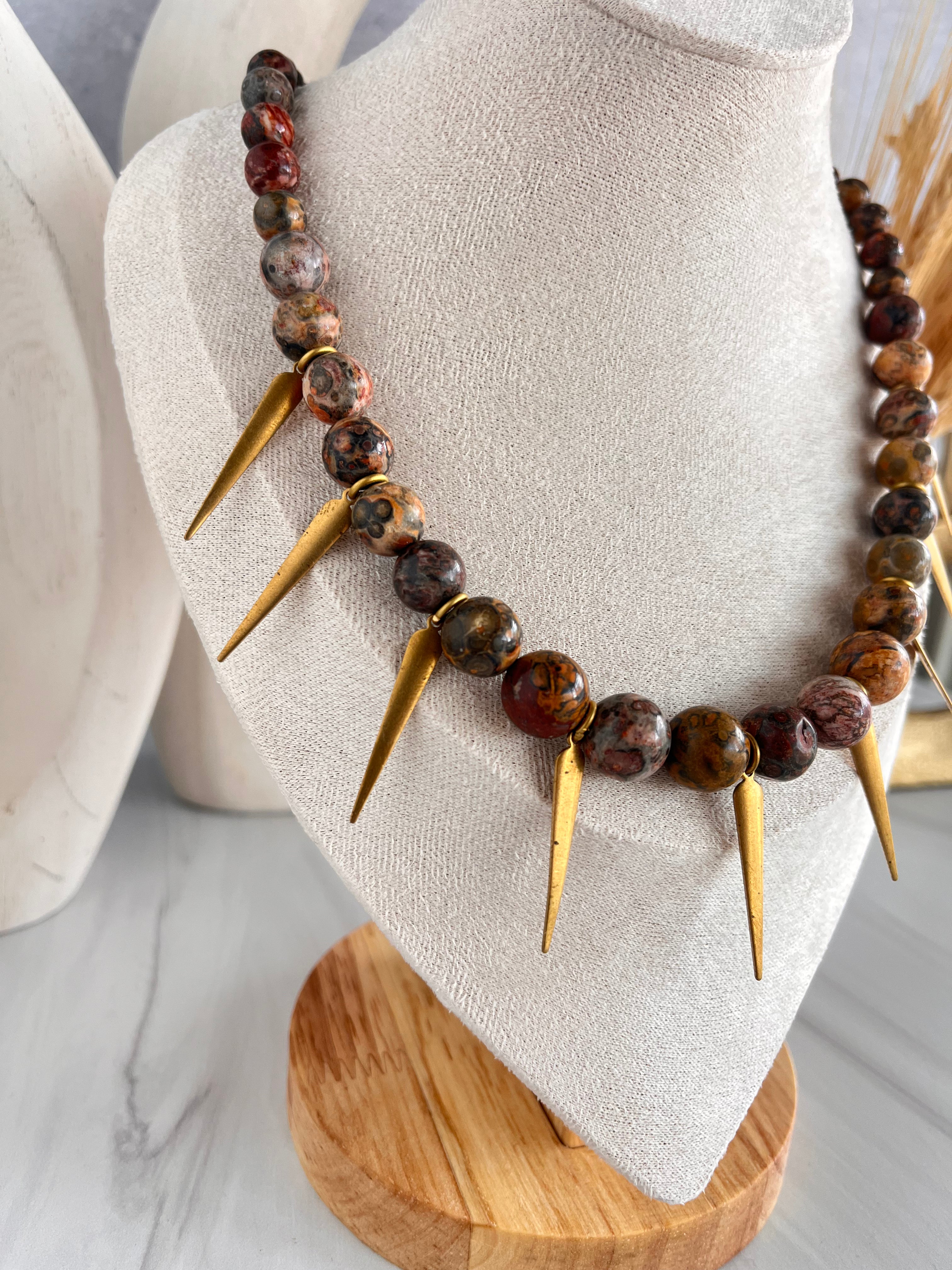 'Wila' | Graduated Leopard Skin Jasper with Brass Spikes Necklace