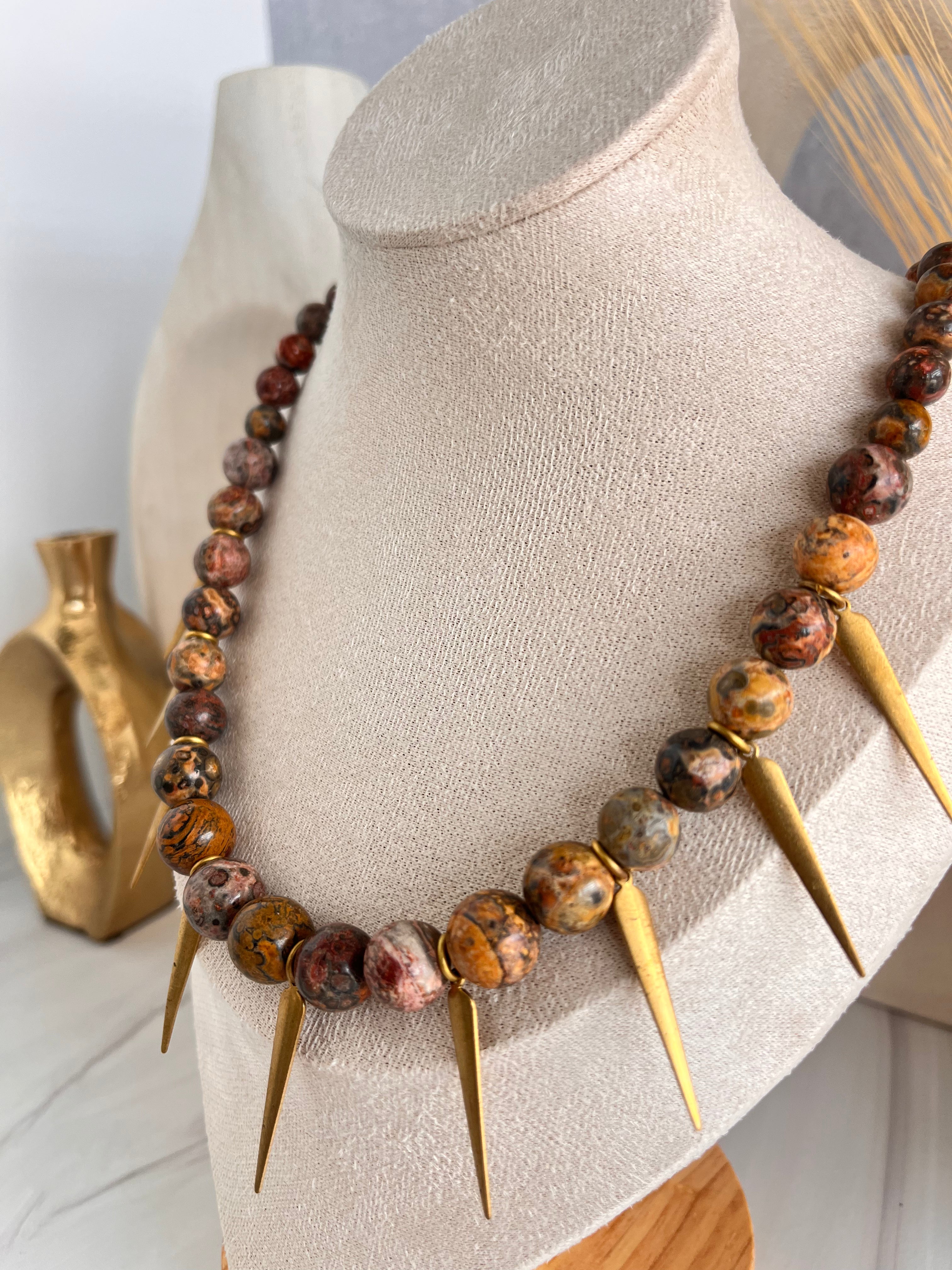'Wila' | Graduated Leopard Skin Jasper with Brass Spikes Necklace