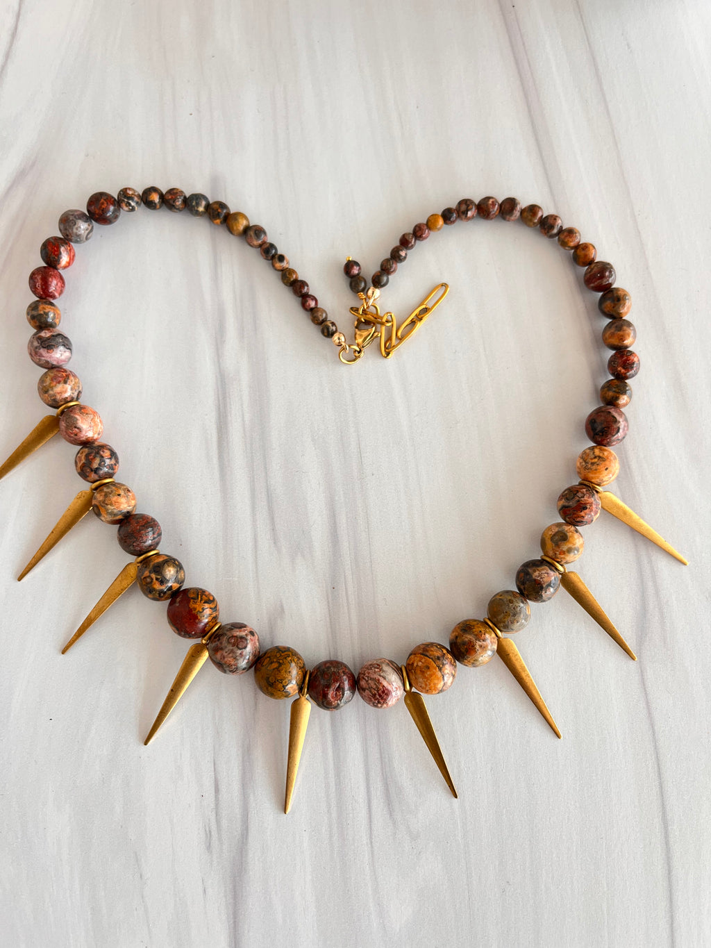 'Wila' | Graduated Leopard Skin Jasper with Brass Spikes Necklace