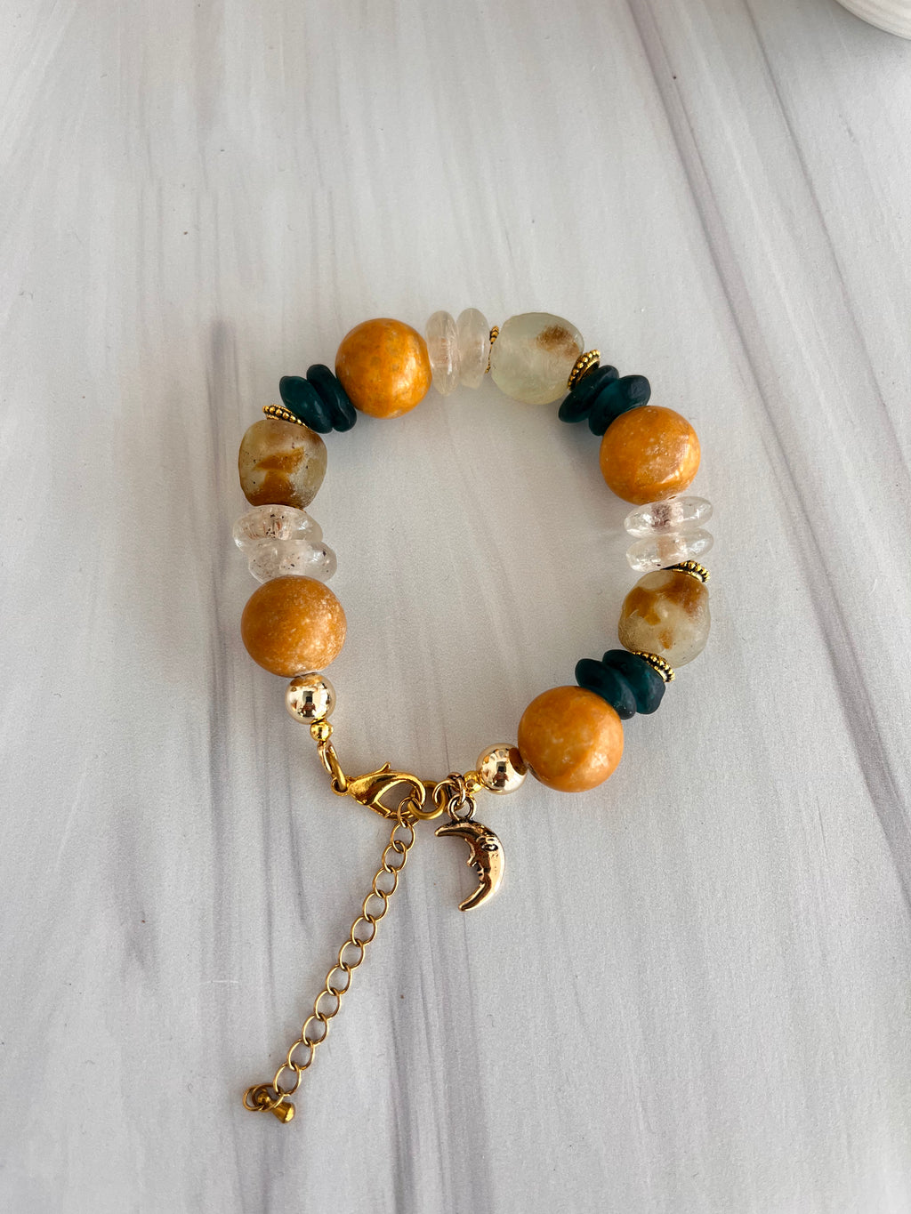 'Mánon' | Mustard and Teal Green Bracelet with Moon Charm