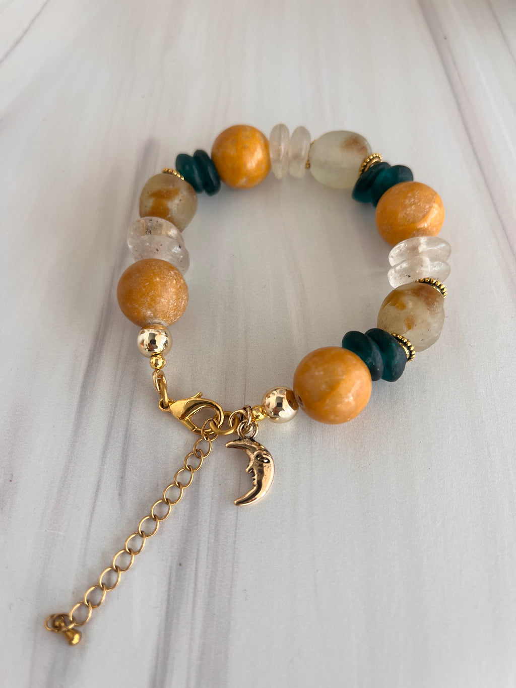 'Mánon' | Mustard and Teal Green Bracelet with Moon Charm