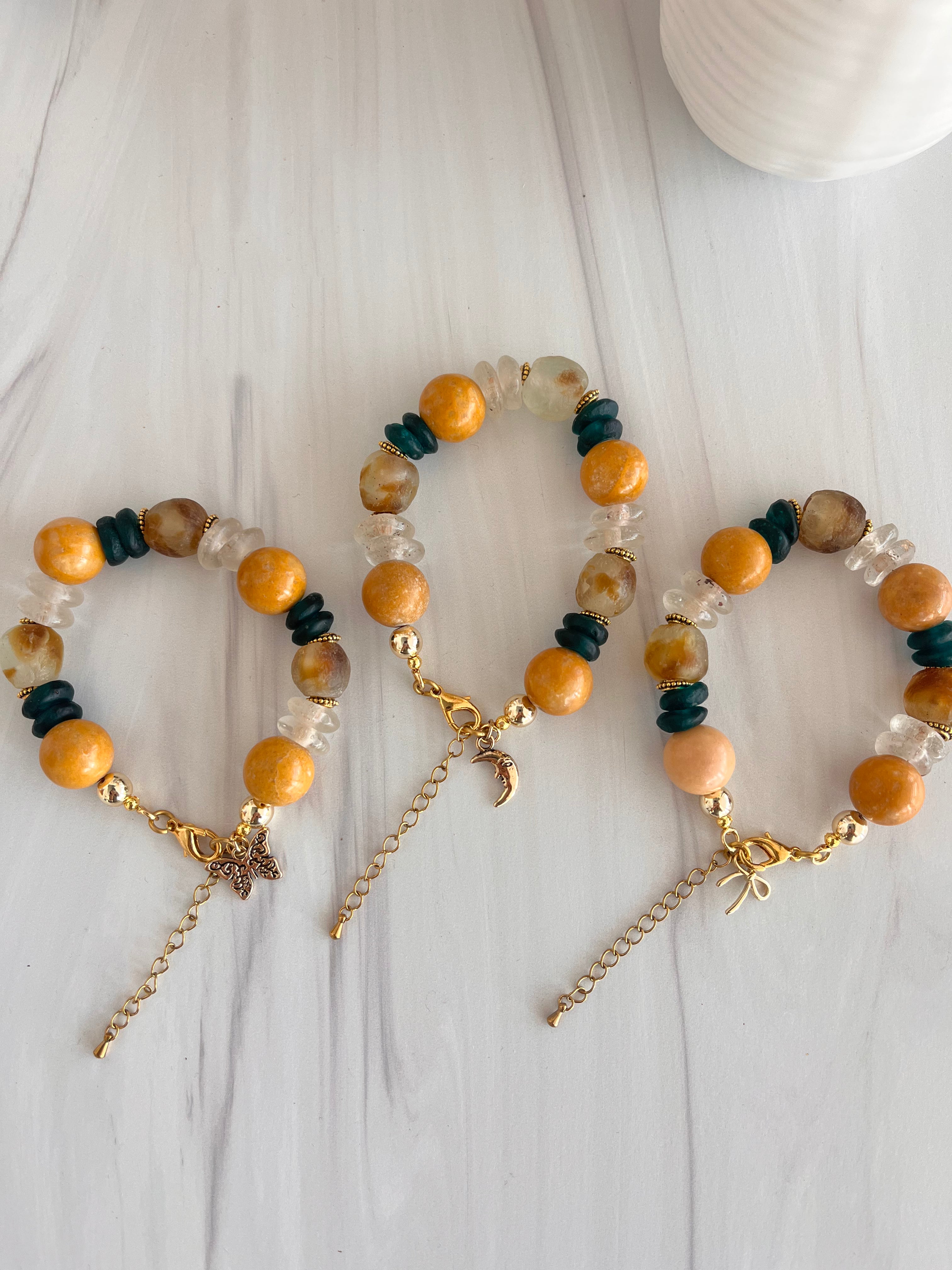 'Mánon' | Mustard and Teal Green Bracelet with Moon Charm