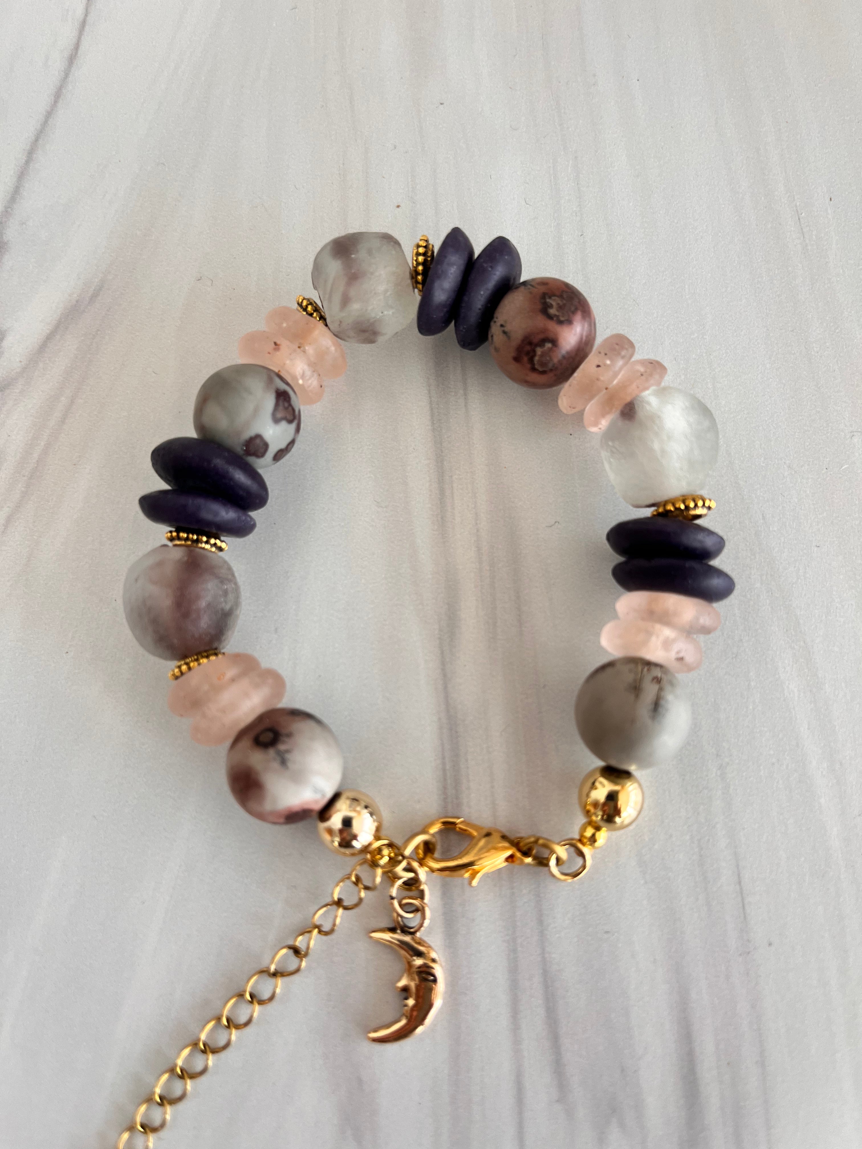 'Celeste" | Purple and Pink Ashanti Glass with Natural Stone Bracelet
