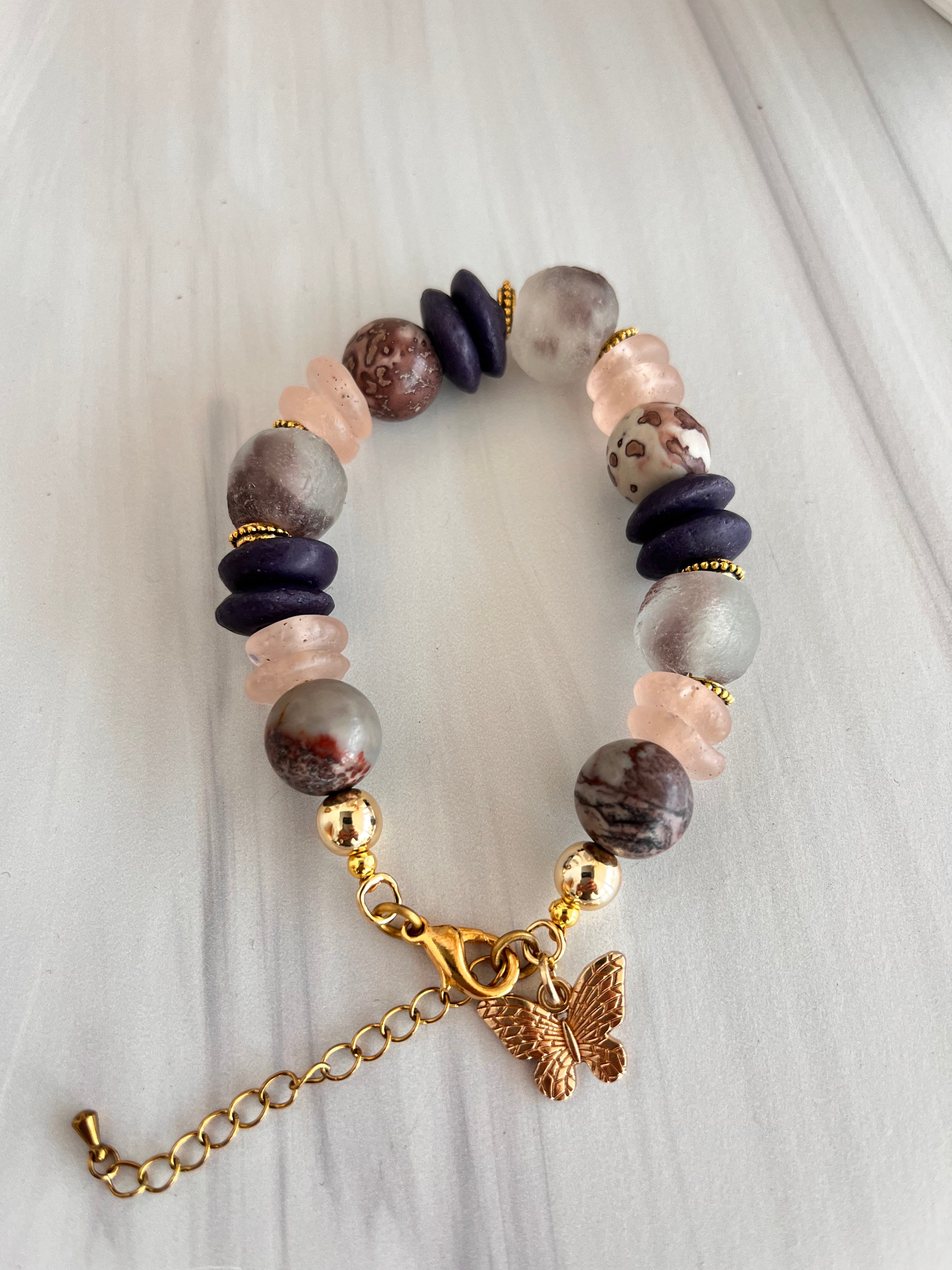 'Celeste" | Purple and Pink Ashanti Glass with Natural Stone Bracelet