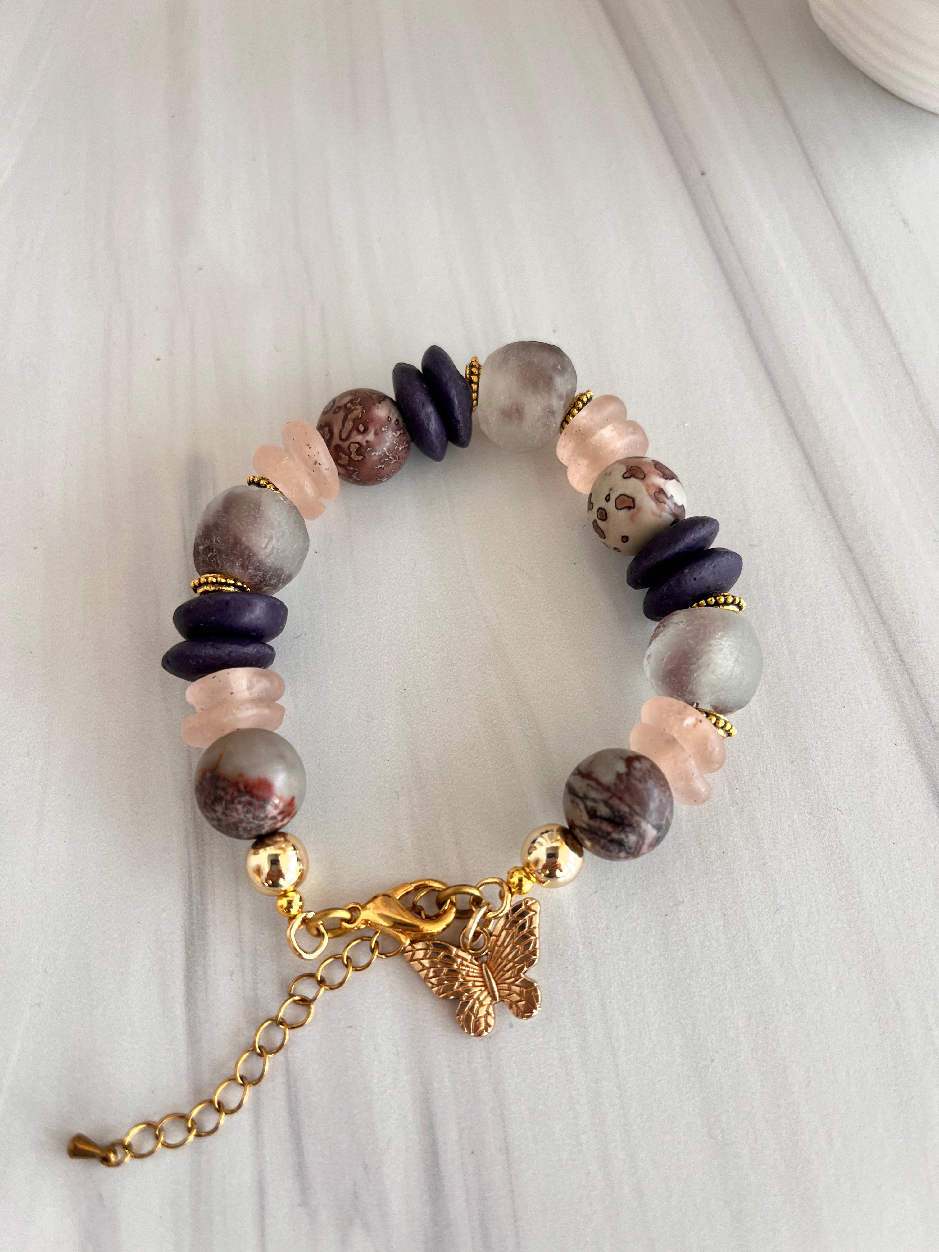 'Celeste" | Purple and Pink Ashanti Glass with Natural Stone Bracelet