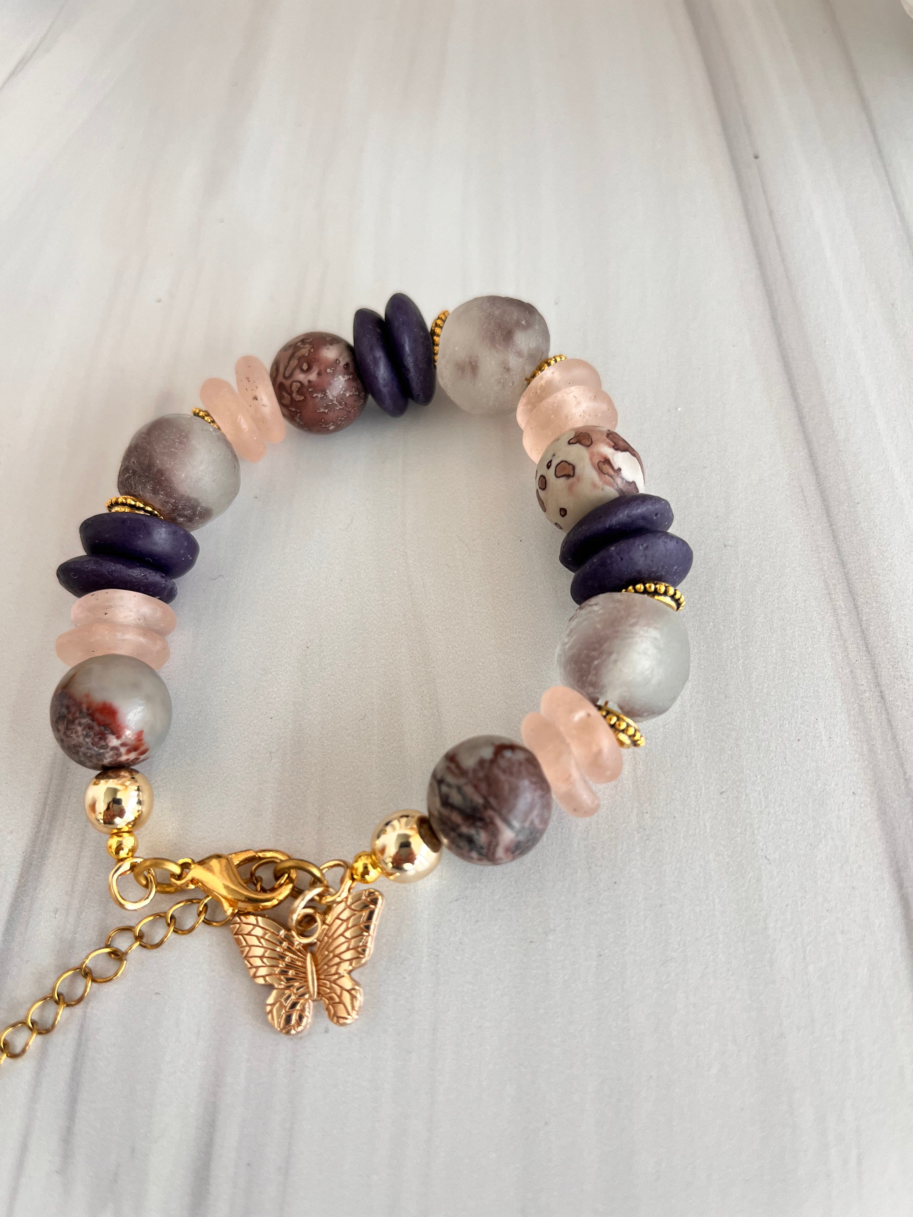 'Celeste" | Purple and Pink Ashanti Glass with Natural Stone Bracelet