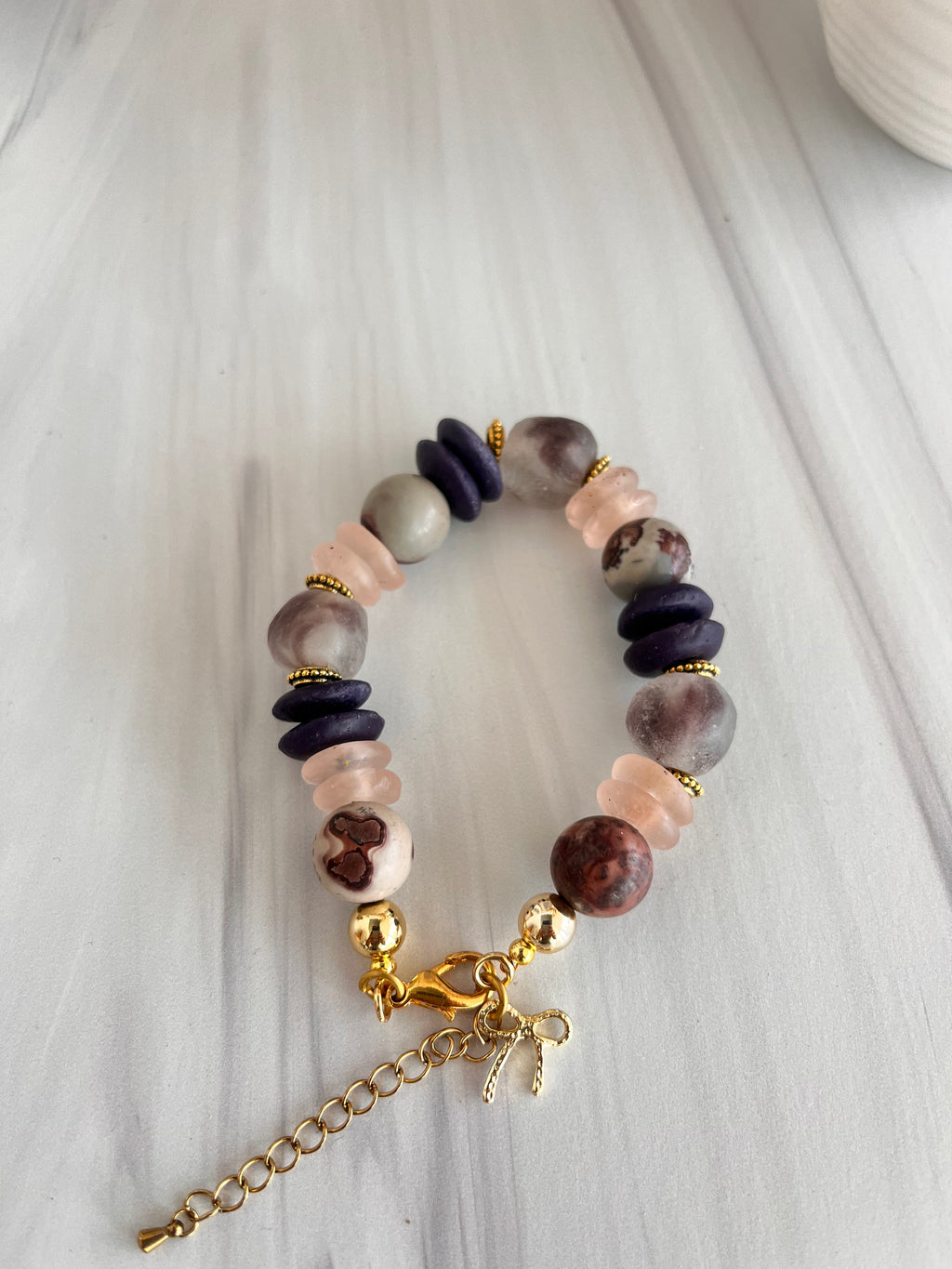 'Celeste" | Purple and Pink Ashanti Glass with Natural Stone Bracelet