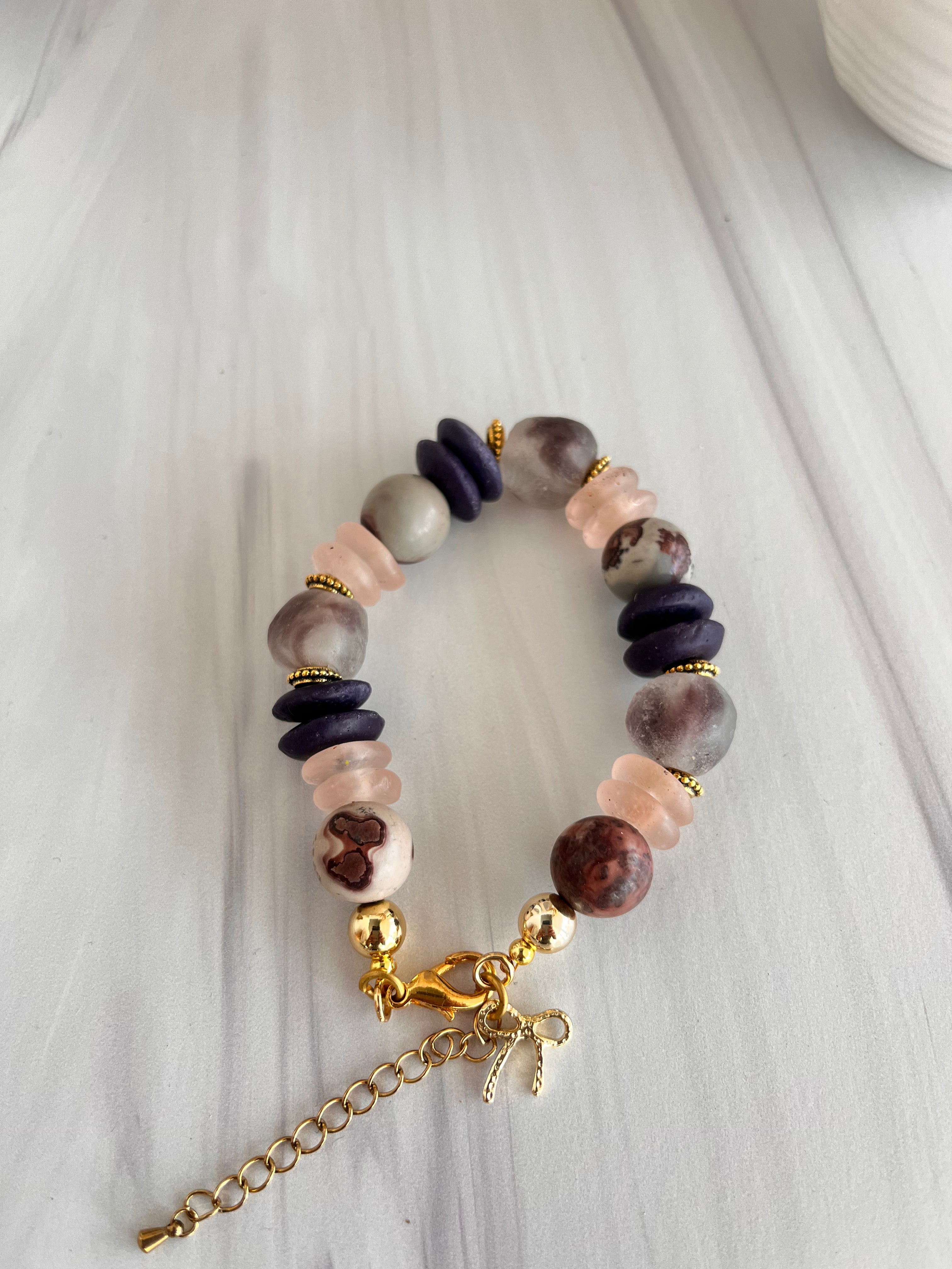 'Celeste" | Purple and Pink Ashanti Glass with Natural Stone Bracelet
