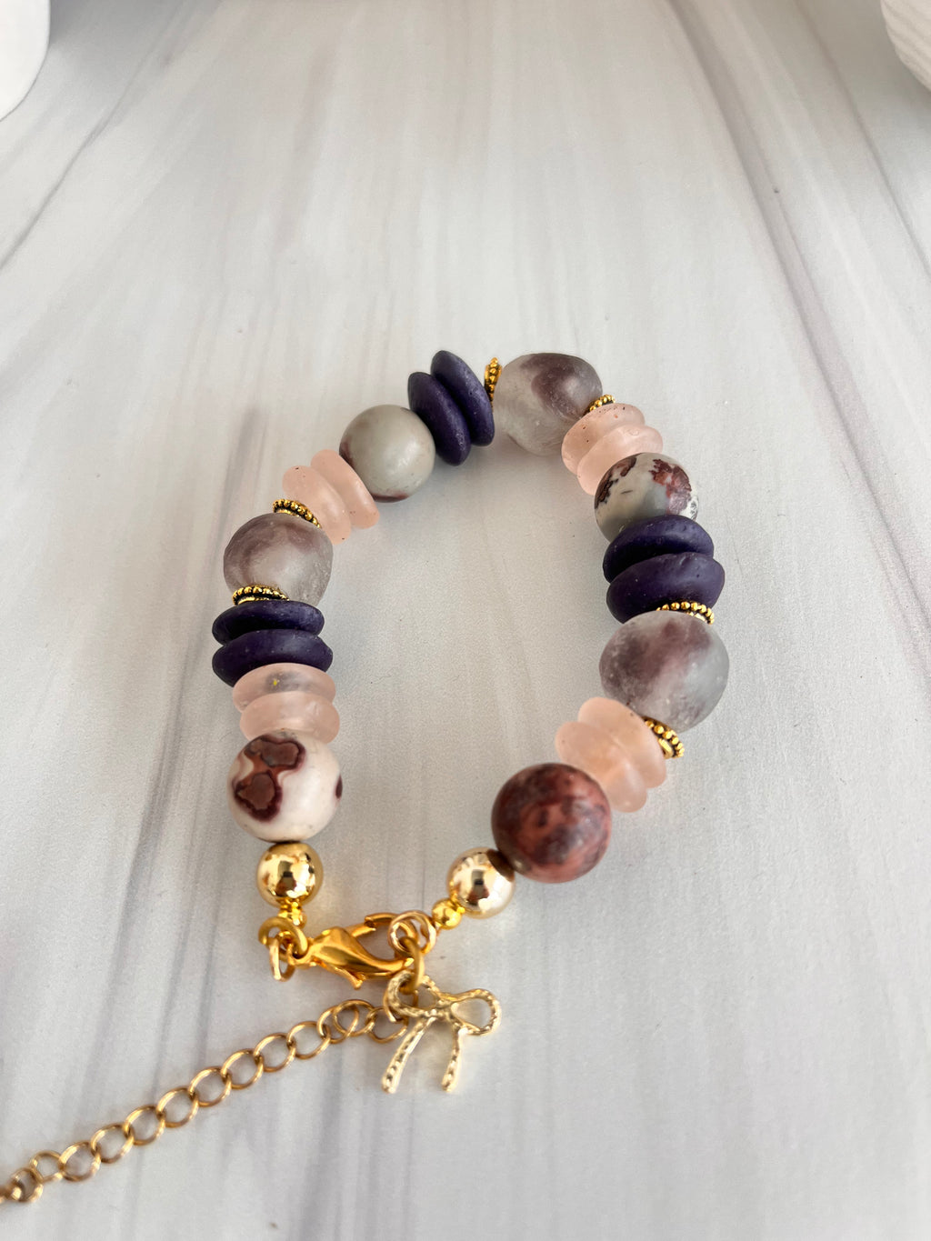 'Celeste" | Purple and Pink Ashanti Glass with Natural Stone Bracelet