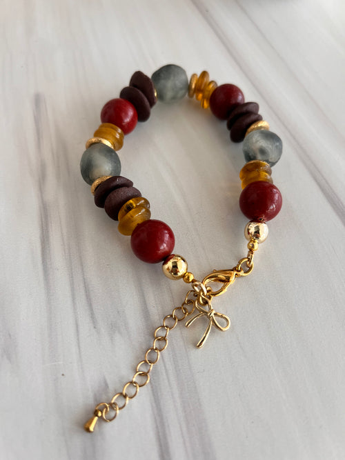 'Amándine' | Cherry Red Ashanti Glass and African Glass with Natural Stone Bracelet