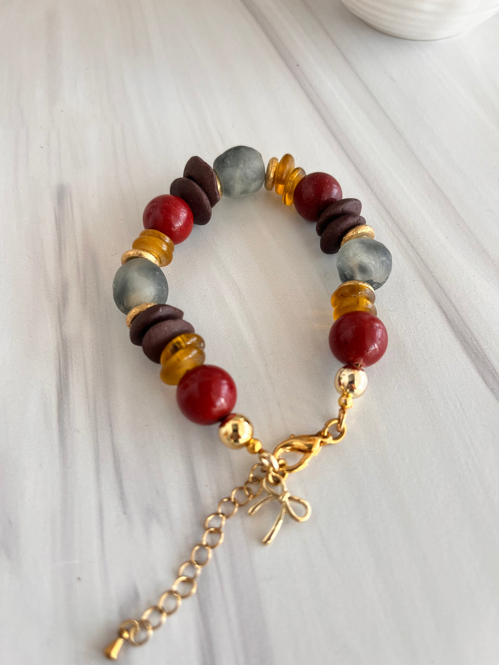'Amándine' | Cherry Red Ashanti Glass and African Glass with Natural Stone Bracelet