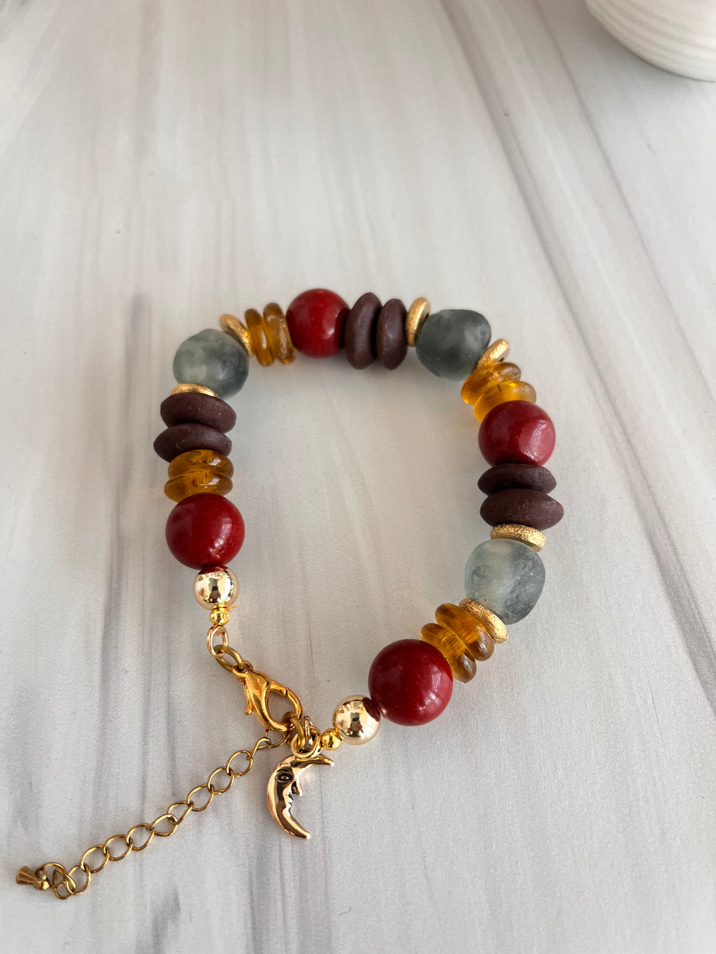 'Amándine' | Cherry Red Ashanti Glass and African Glass with Natural Stone Bracelet