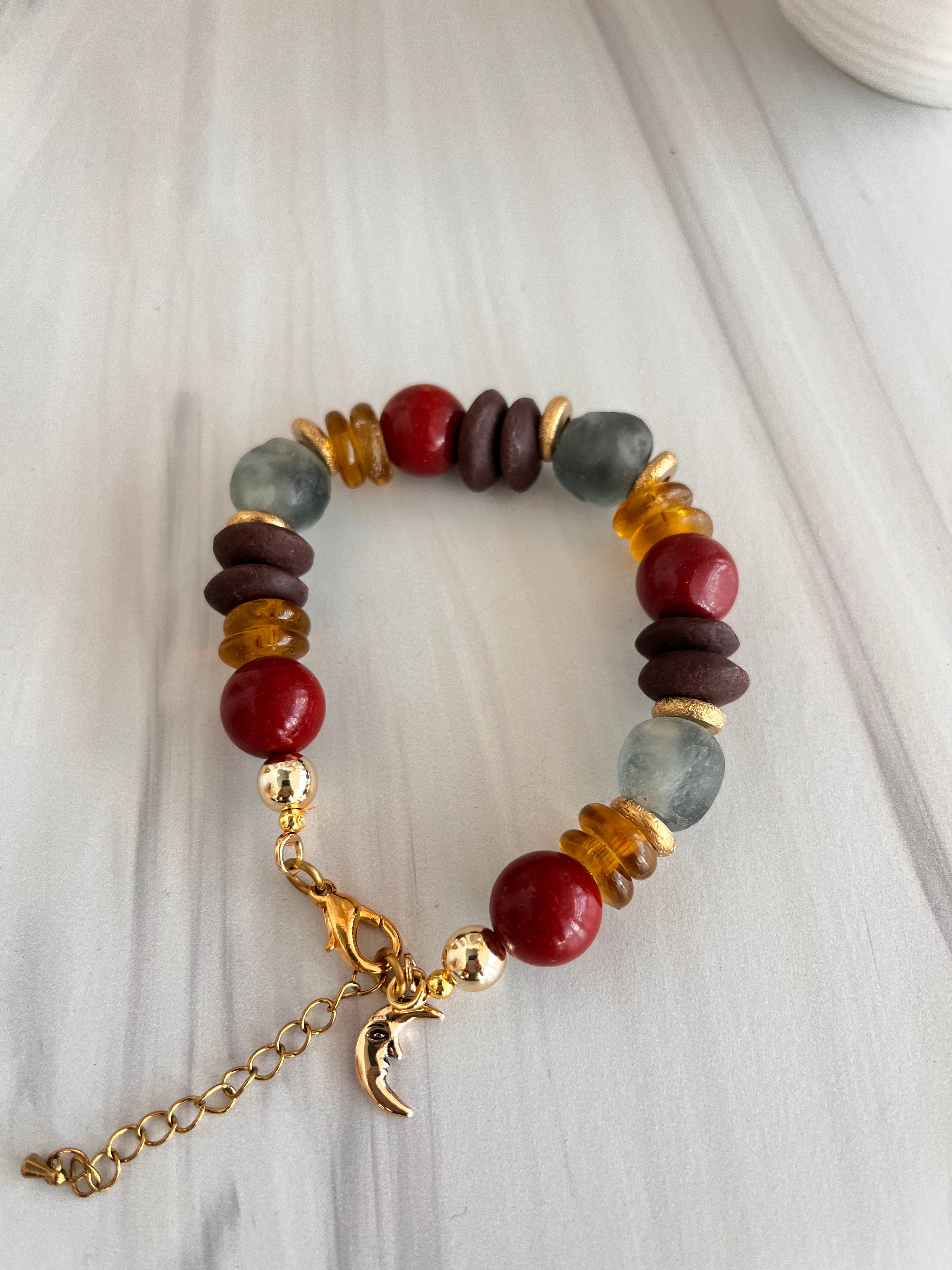 'Amándine' | Cherry Red Ashanti Glass and African Glass with Natural Stone Bracelet