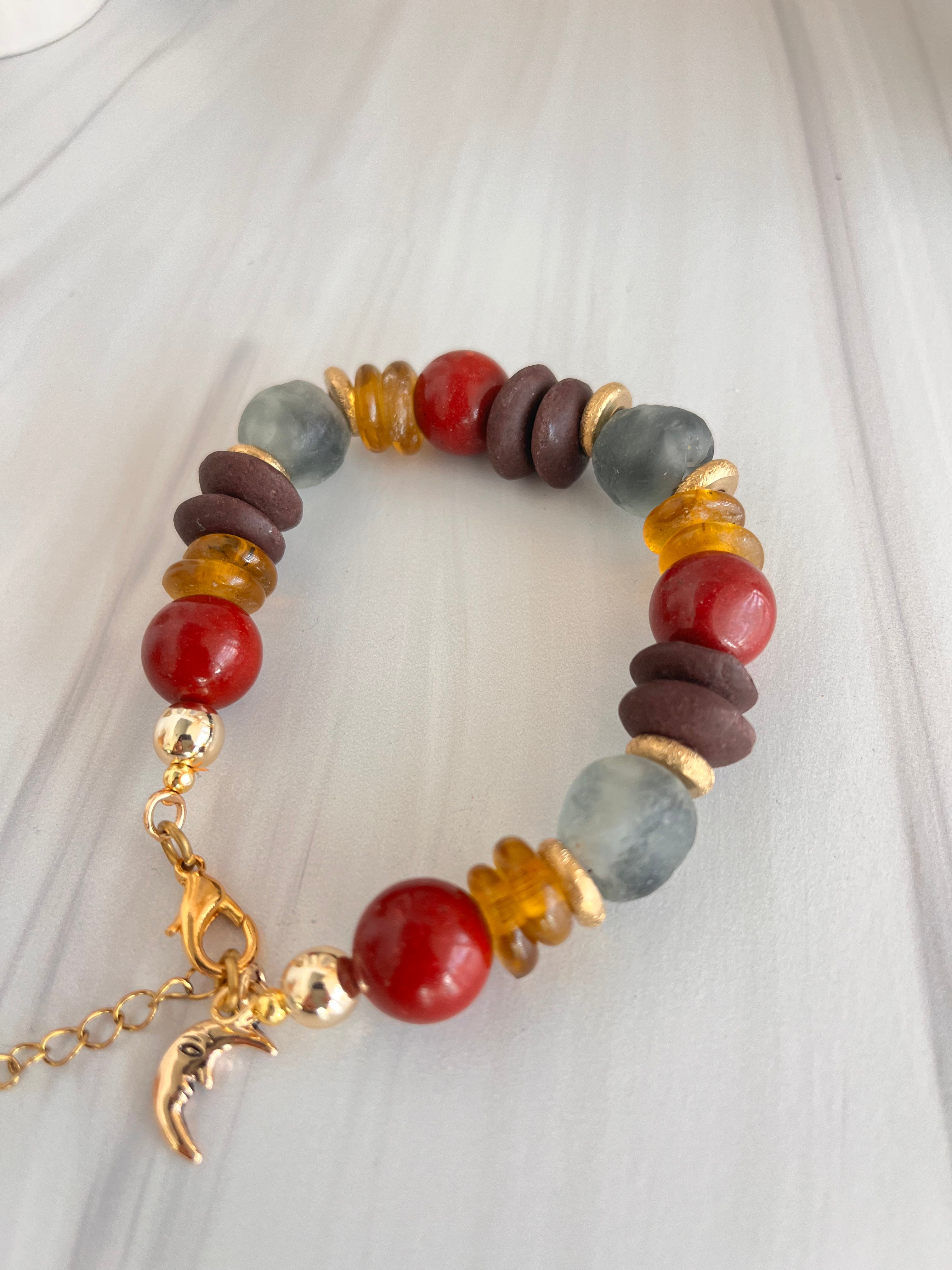 'Amándine' | Cherry Red Ashanti Glass and African Glass with Natural Stone Bracelet