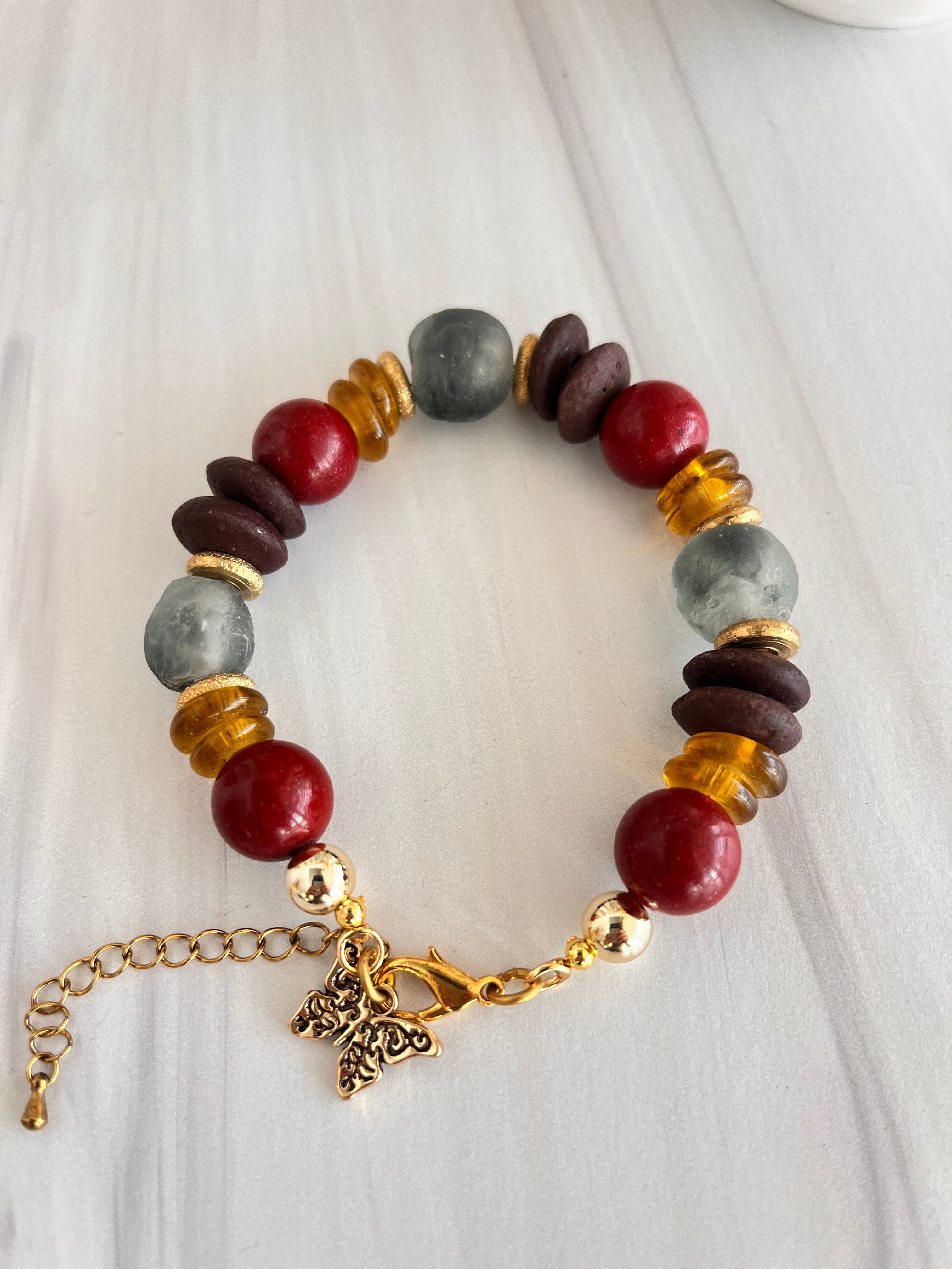 'Amándine' | Cherry Red Ashanti Glass and African Glass with Natural Stone Bracelet