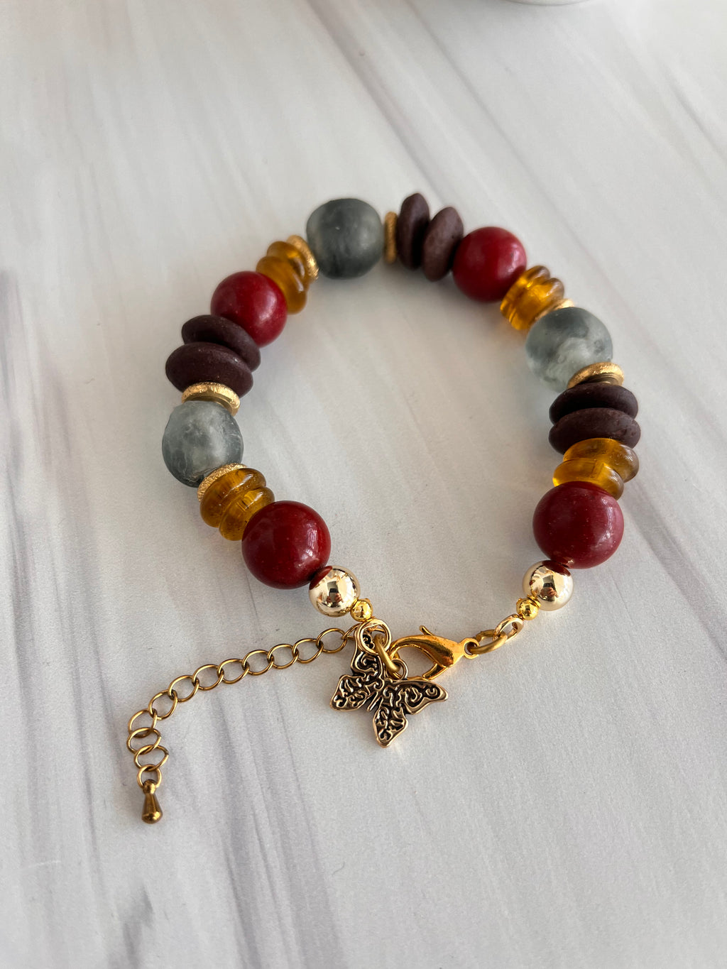 'Amándine' | Cherry Red Ashanti Glass and African Glass with Natural Stone Bracelet