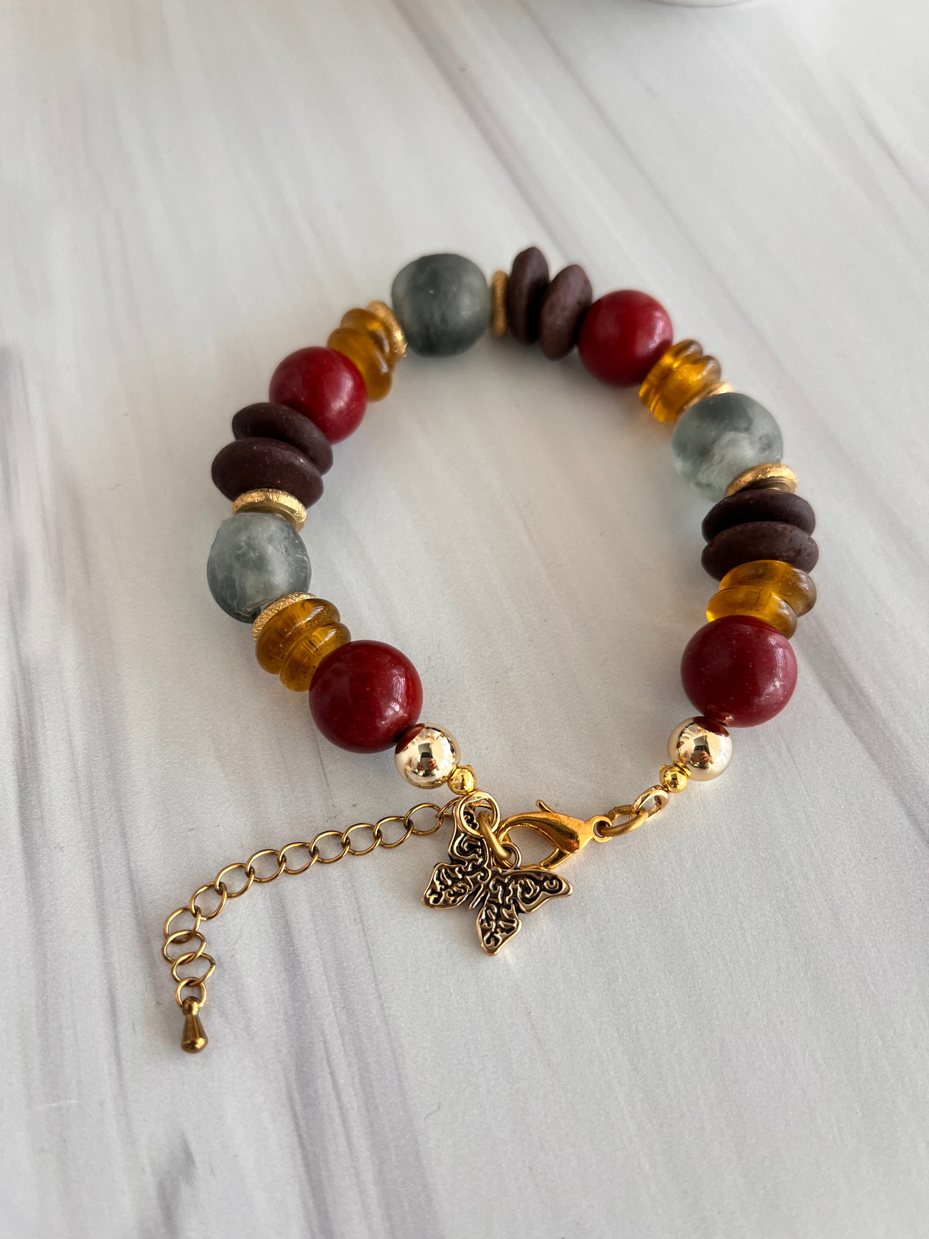 'Amándine' | Cherry Red Ashanti Glass and African Glass with Natural Stone Bracelet