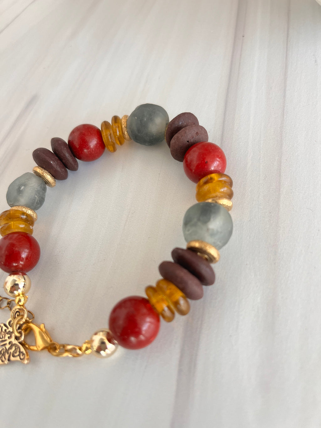 'Amándine' | Cherry Red Ashanti Glass and African Glass with Natural Stone Bracelet
