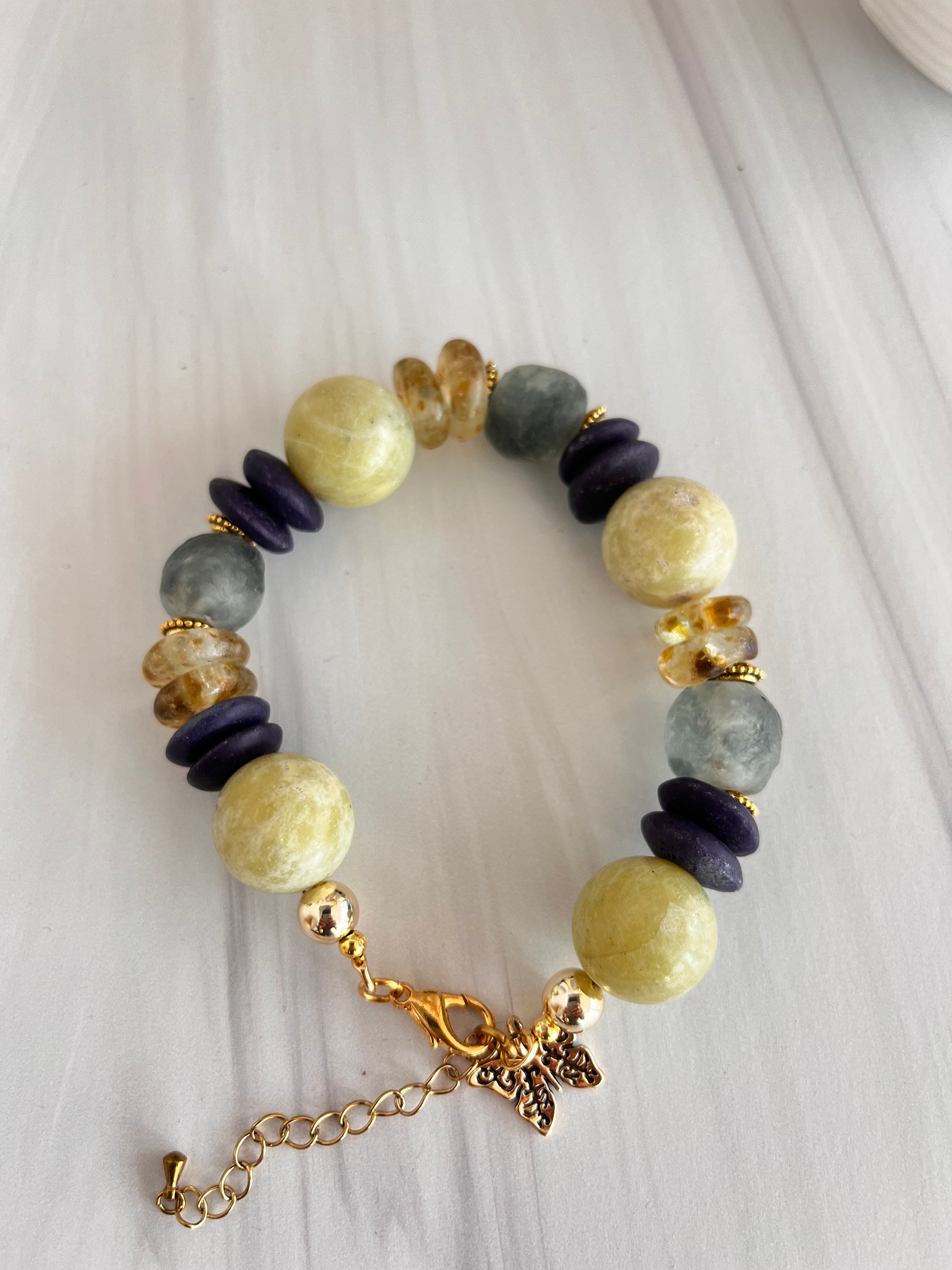 'Océane' | New Jade with Ashanti and African Glass Bracelet