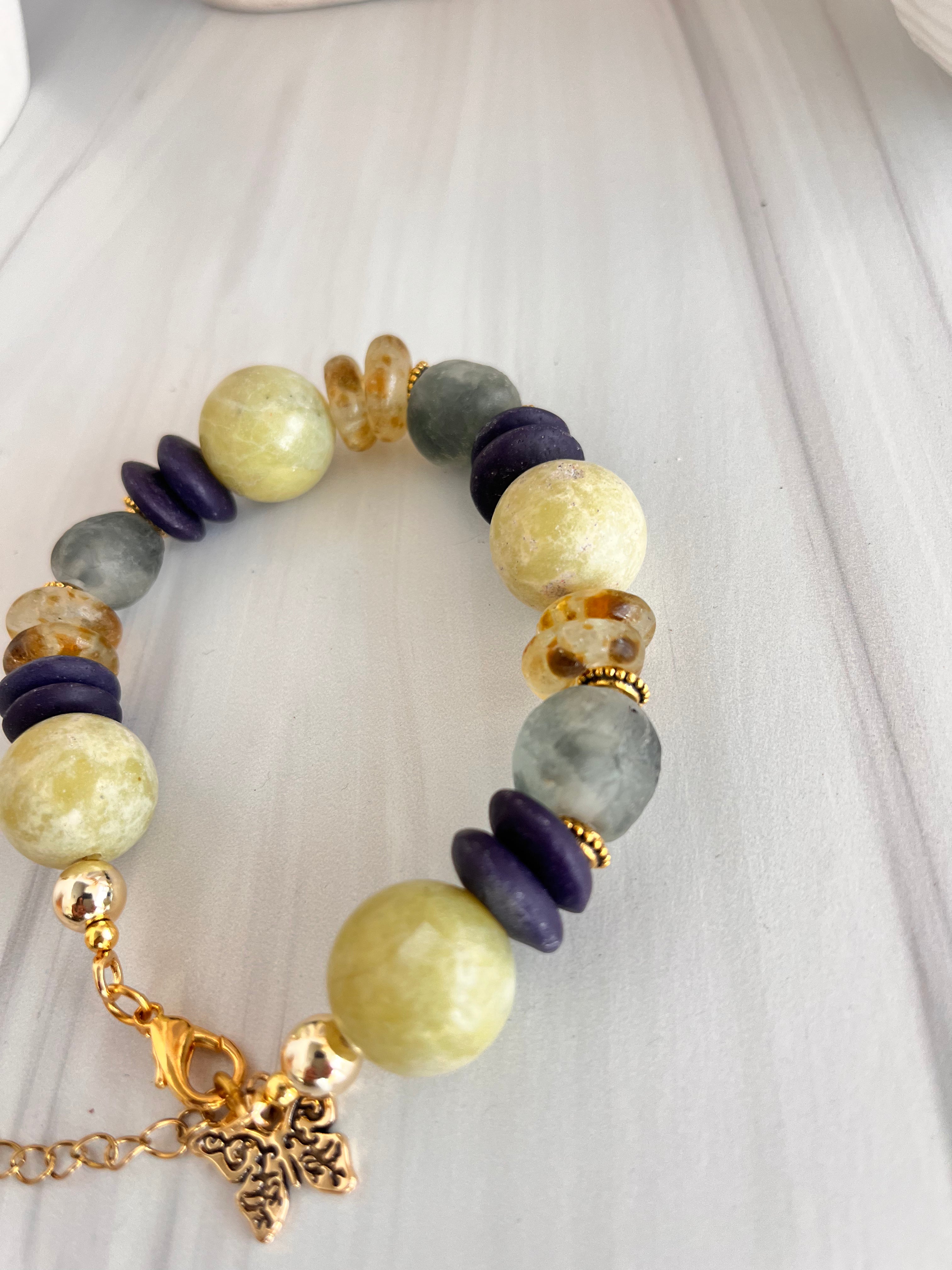 'Océane' | New Jade with Ashanti and African Glass Bracelet