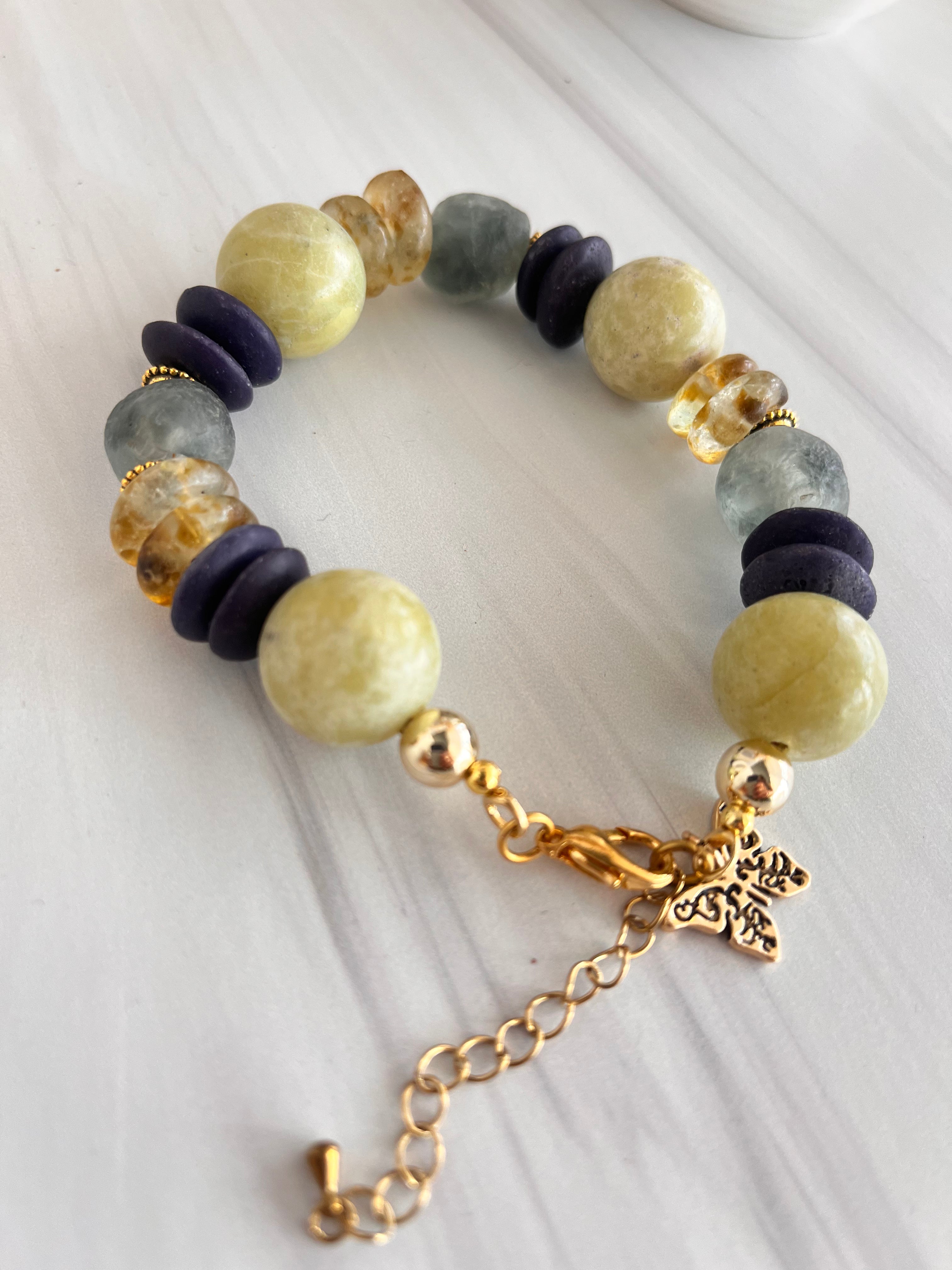 'Océane' | New Jade with Ashanti and African Glass Bracelet